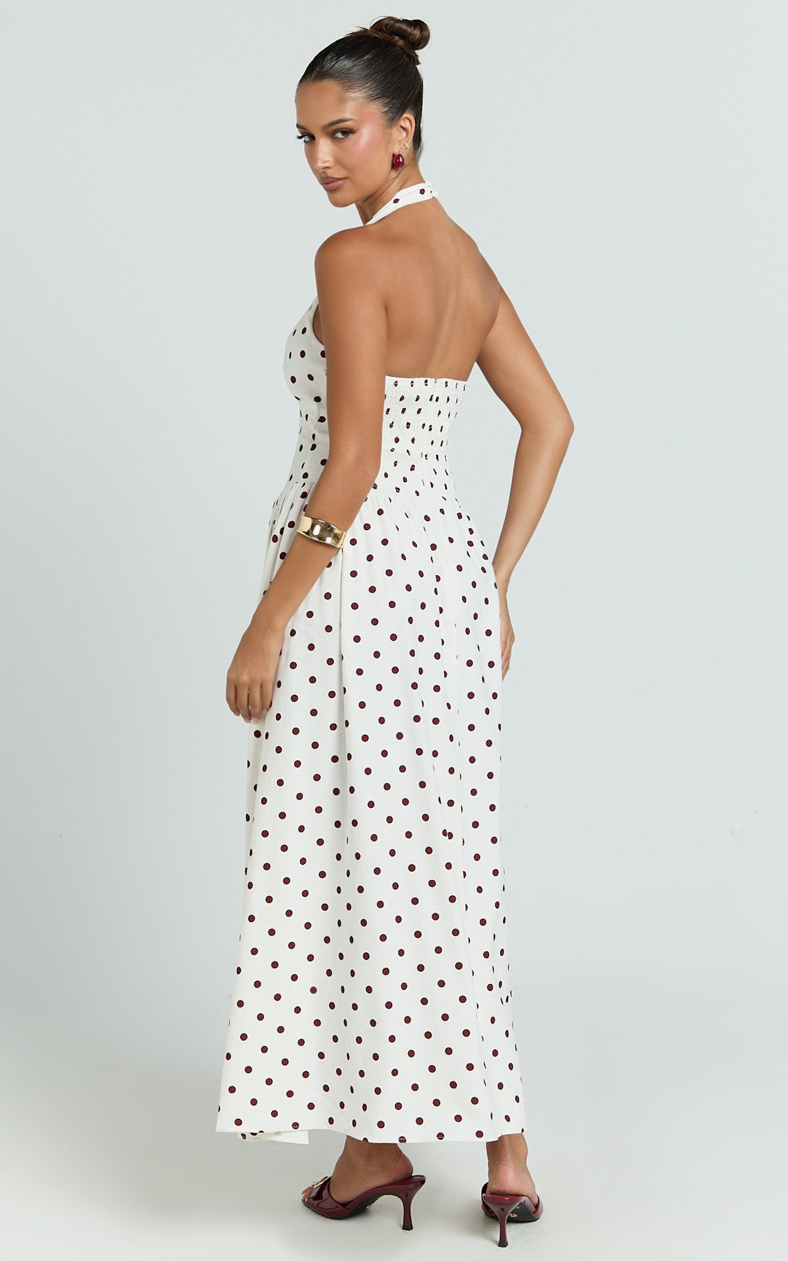 Athena Midi Dress - Halter Drop Waist Dress in Red Polka Dot