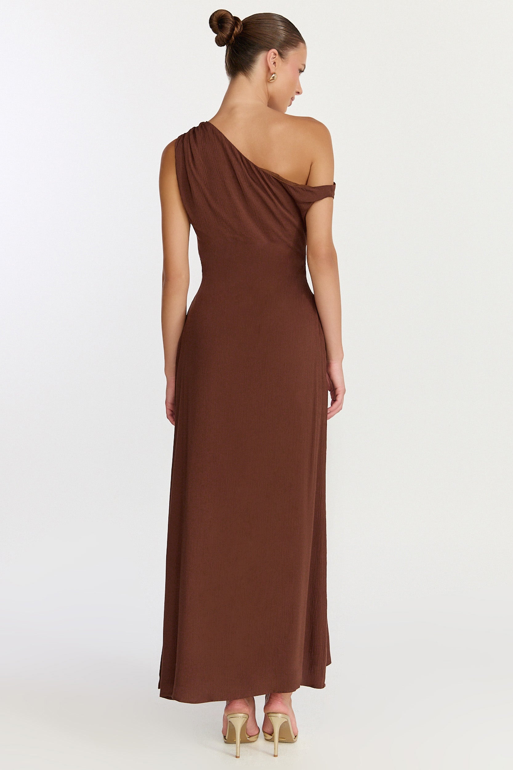 Aurelie Maxi Dress - Off Shoulder Column Dress in Chocolate