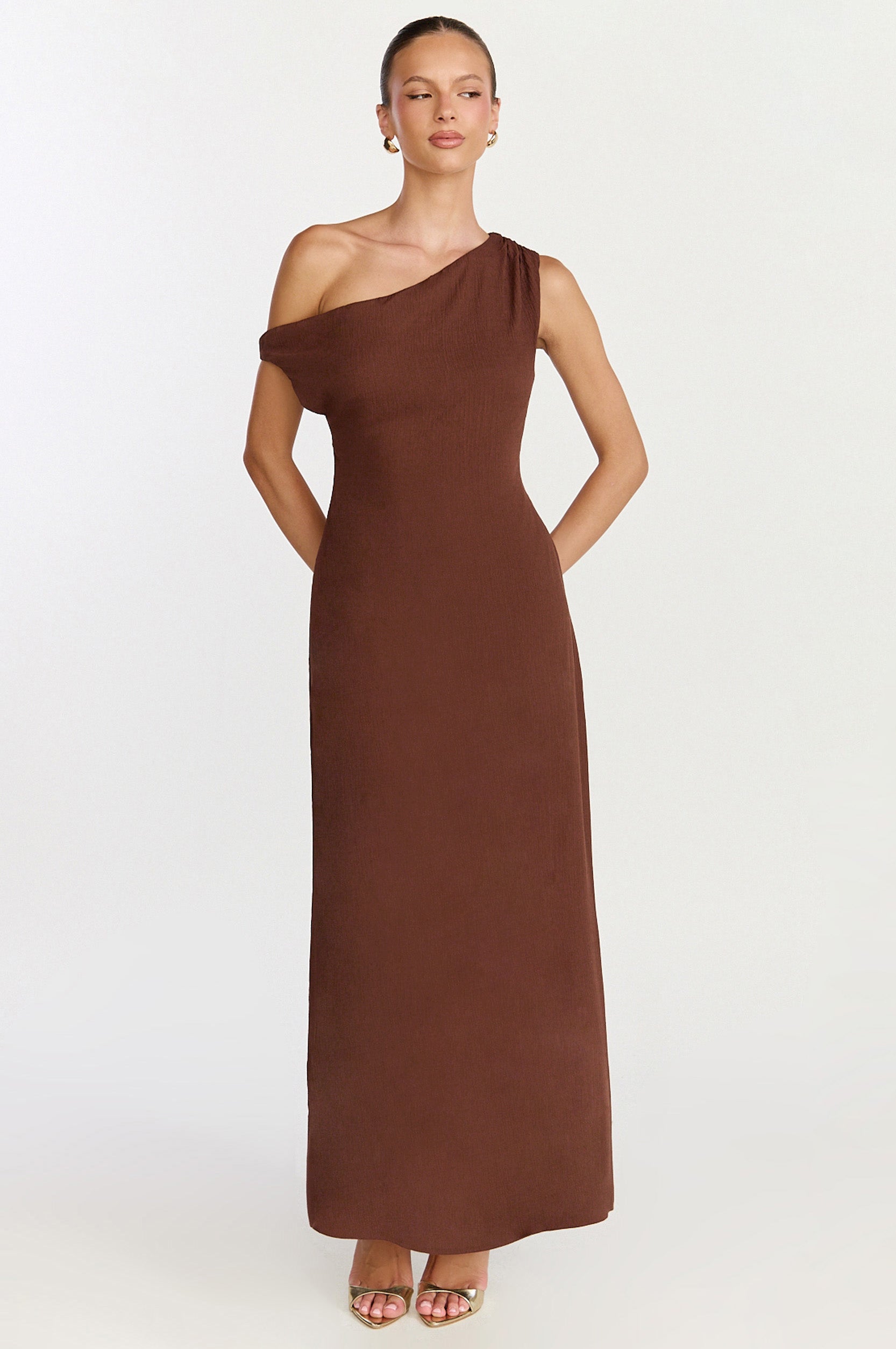 Aurelie Maxi Dress - Off Shoulder Column Dress in Chocolate