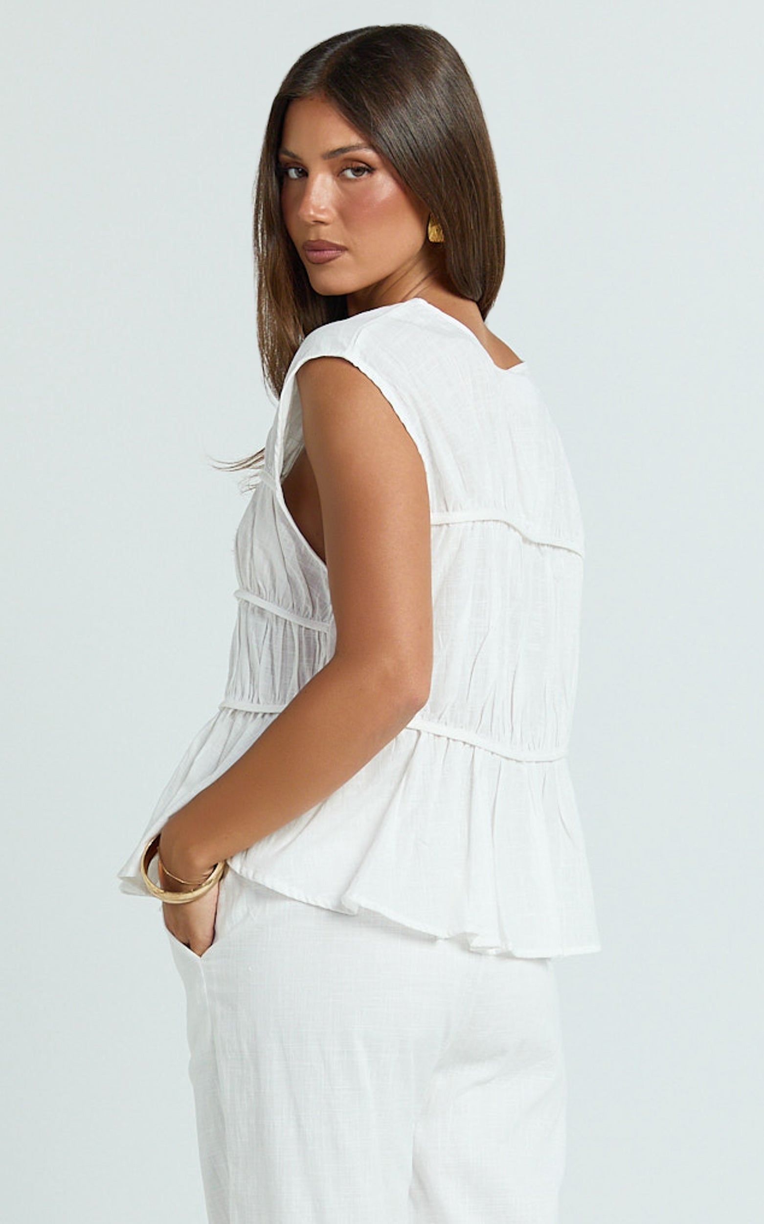 Auric Two Piece Set - Ruched Detail Top and Wide Leg Pants Set in Cream