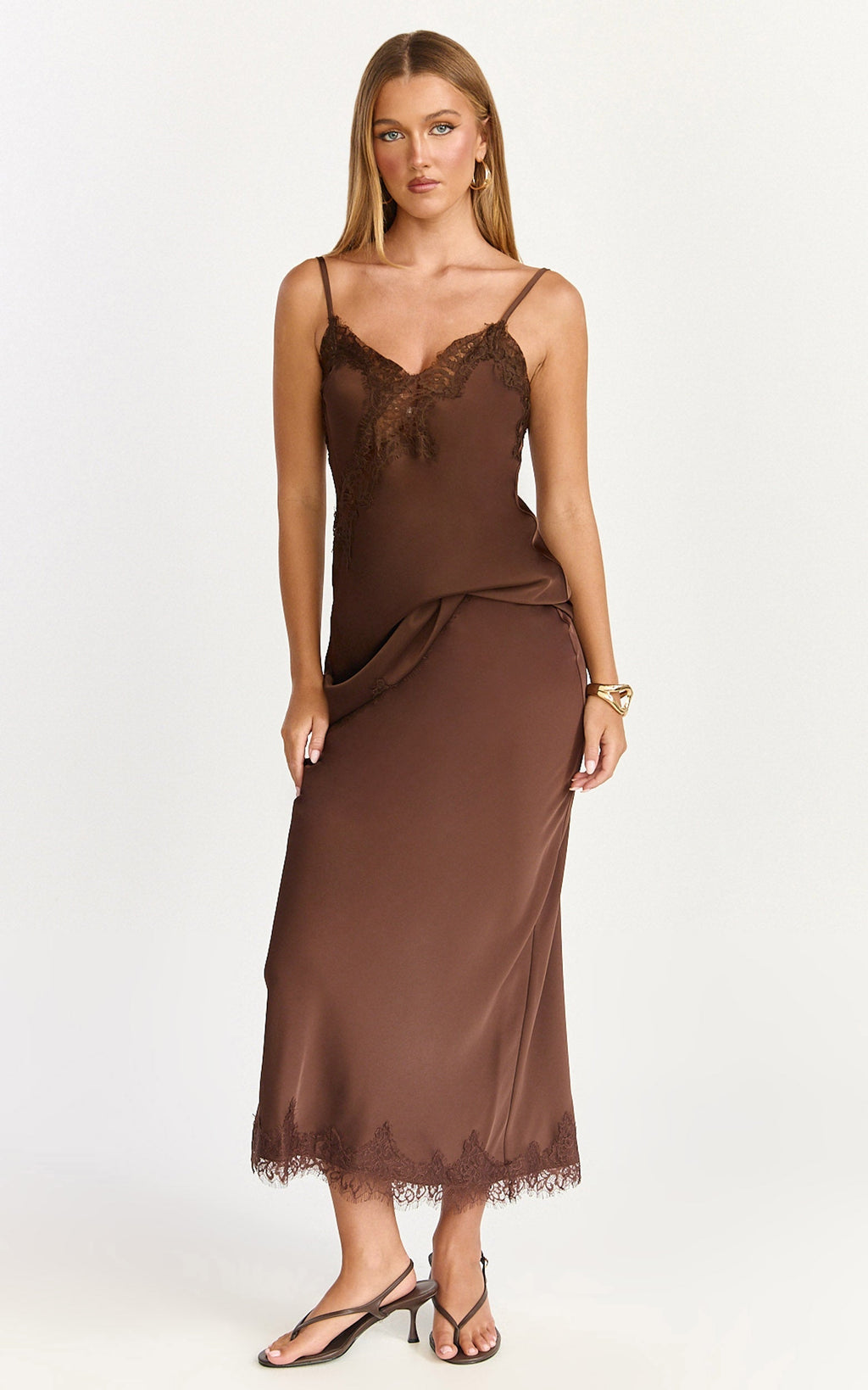 Ava Midi Skirt - Mid Waist Lace Trim Slip Skirt in Chocolate