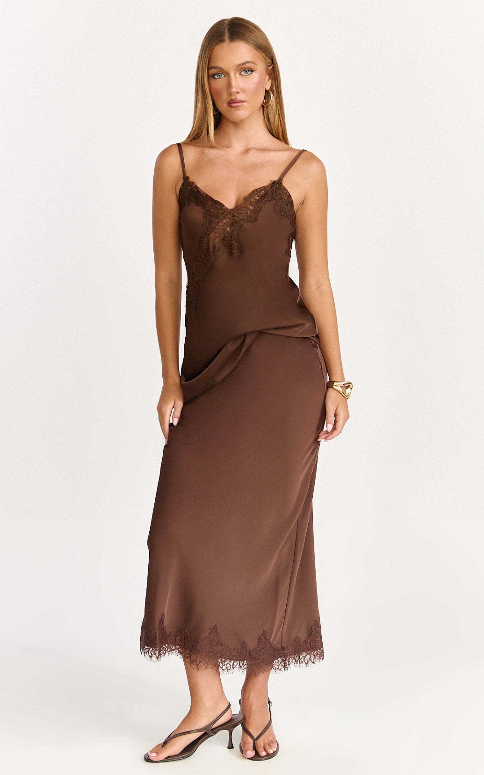 Ava Midi Skirt - Mid Waist Lace Trim Slip Skirt in Chocolate