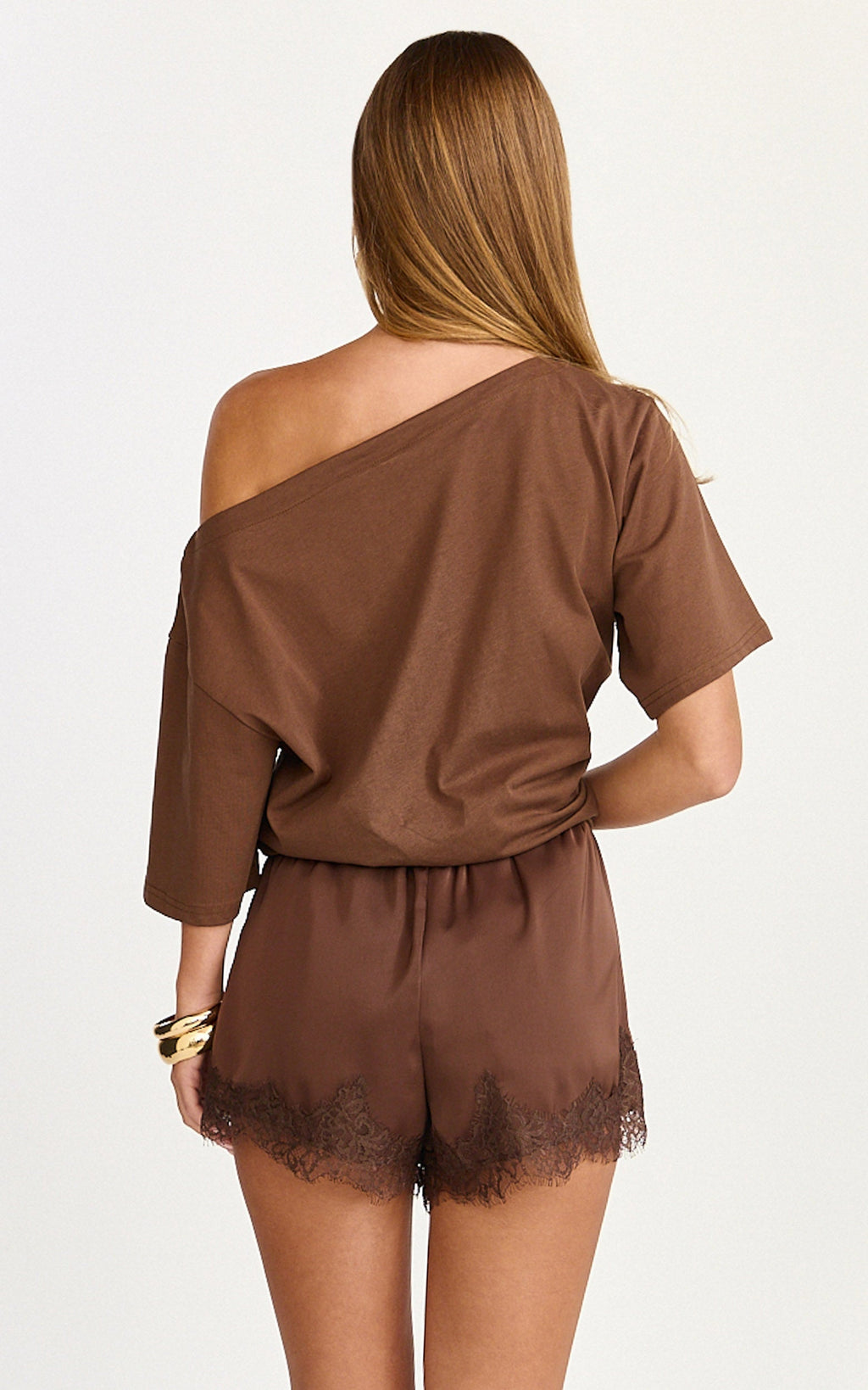 Ava Shorts - Lace Trim Elasticated Waist Shorts in Chocolate