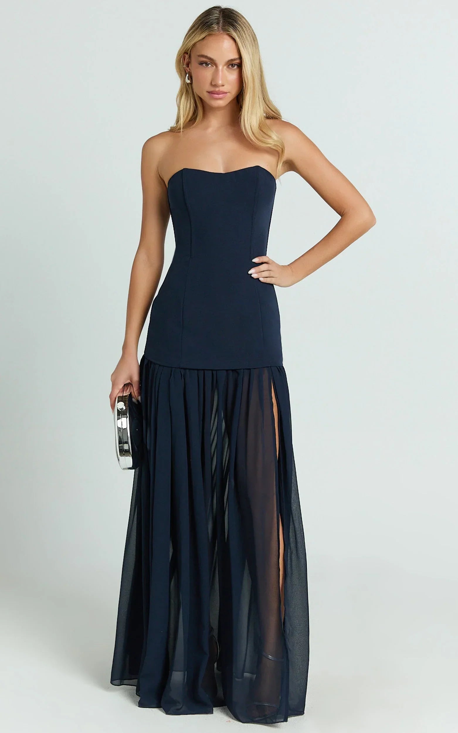 Jocelyn Maxi Dress - Strapless Ruched Fit And Flare Dress in Navy