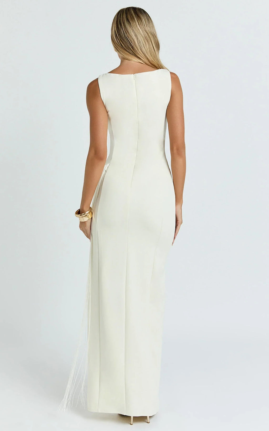 Joanne Maxi Dress - Scoop Neck Fringe Dress in Ivory