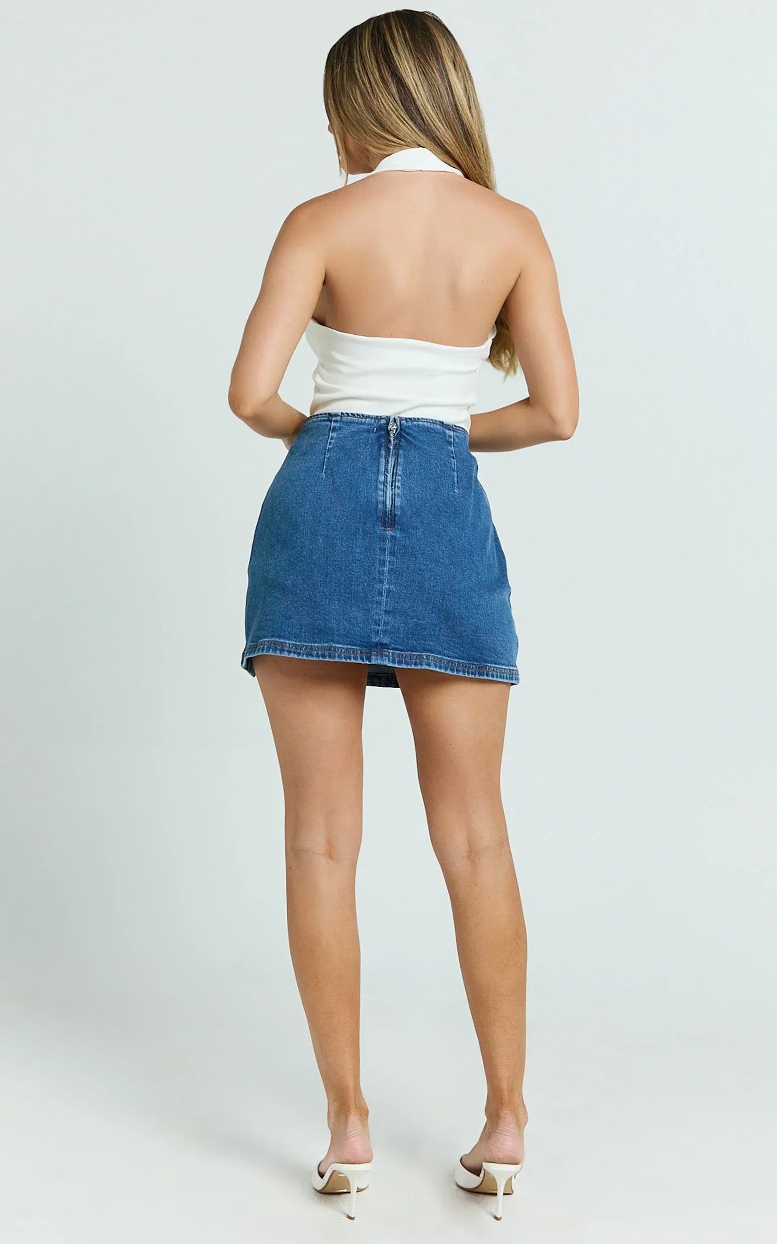 Peters Skort - Fitted Side Split Mini Skort in Mid Blue Wash