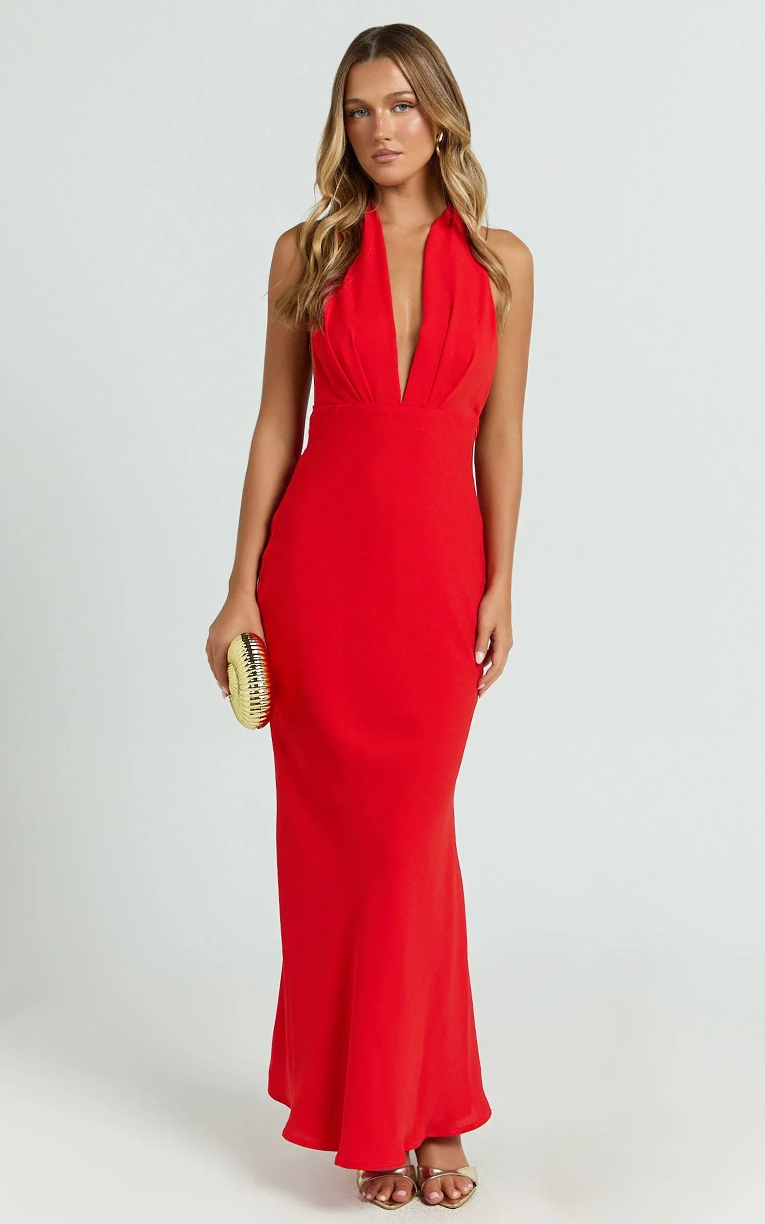 Farrah Maxi Dress - Halter Neck Dress in Red