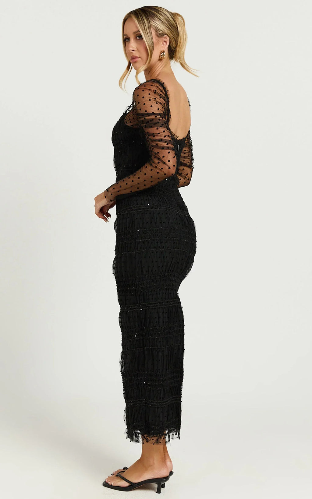 Evelyn Midi Dress - Long Sleeve Shirred Tulle Dress in Black Polka