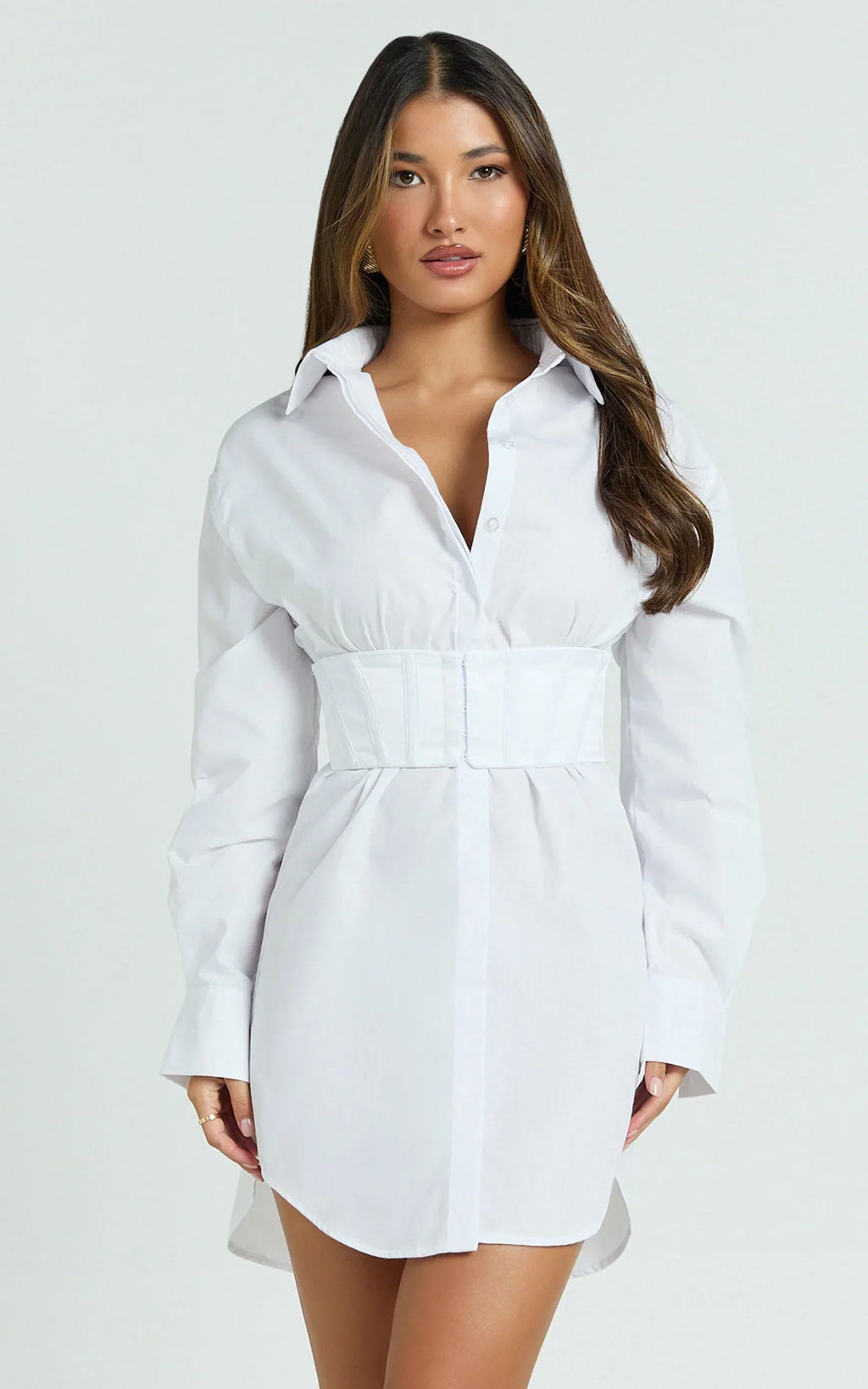 Athena Mini Dress - Collared Button Front Corset Waist Workwear Shirt Dress in White