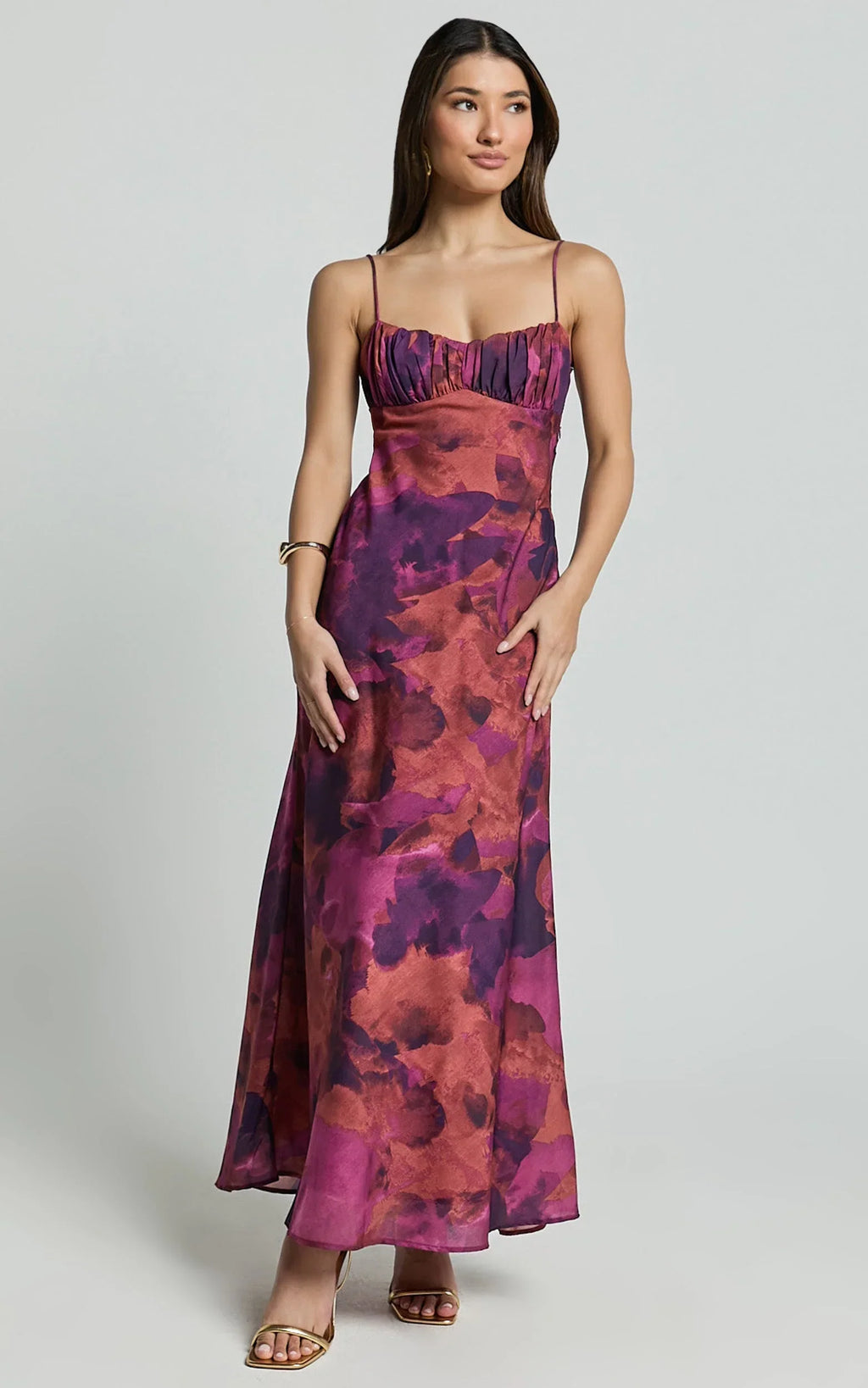 Giselli Midi Dress - Adjustable Strap Ruched Bust Dress in Dark Rose Print