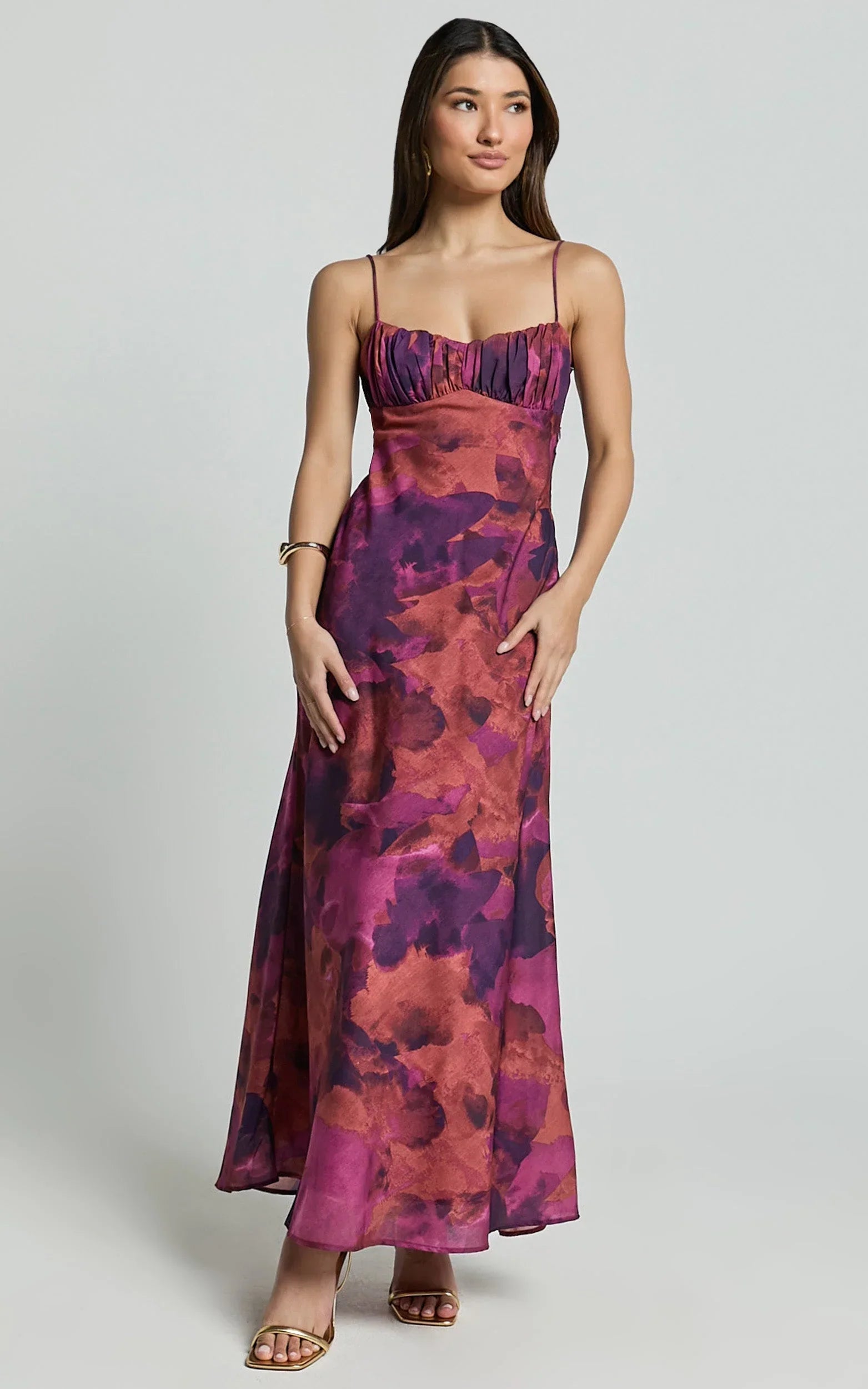 Giselli Midi Dress - Adjustable Strap Ruched Bust Dress in Dark Rose Print