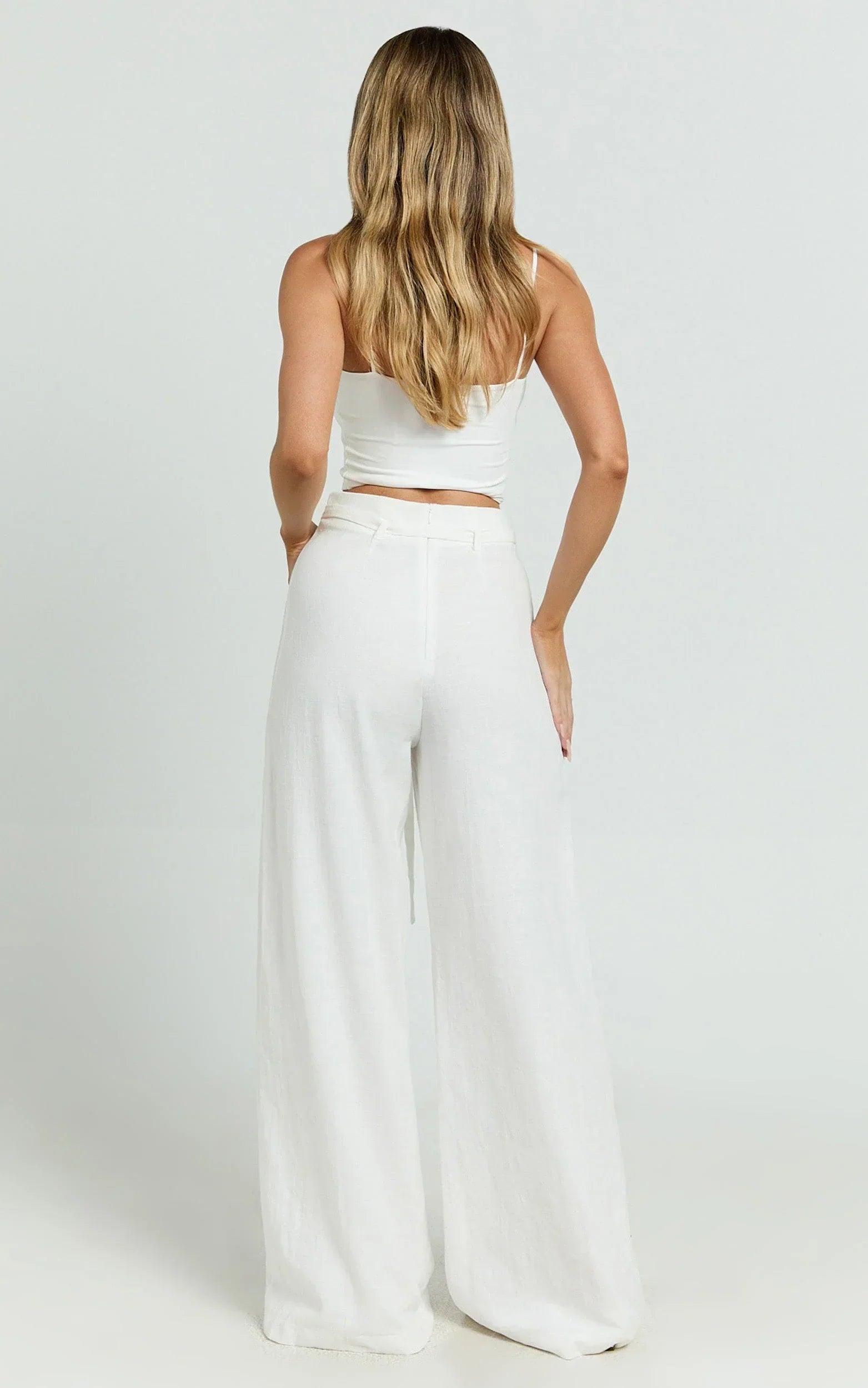 Kyra Pants - Linen Look Belted Wide Leg Pants in White