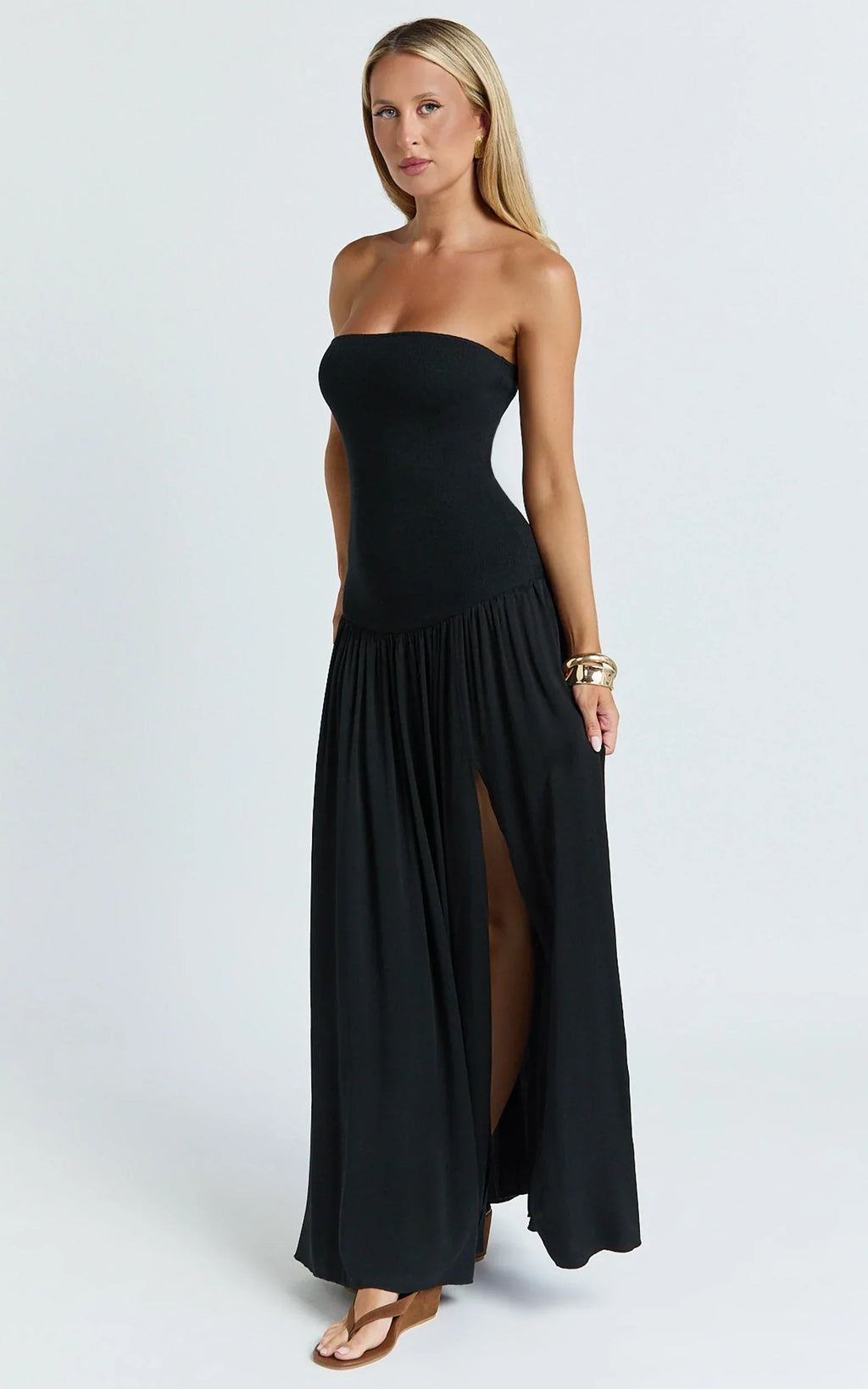 Harlee Maxi Dress - Strapless Drop Waist Knit Bodice Full Gathered Skirt Dress in Black