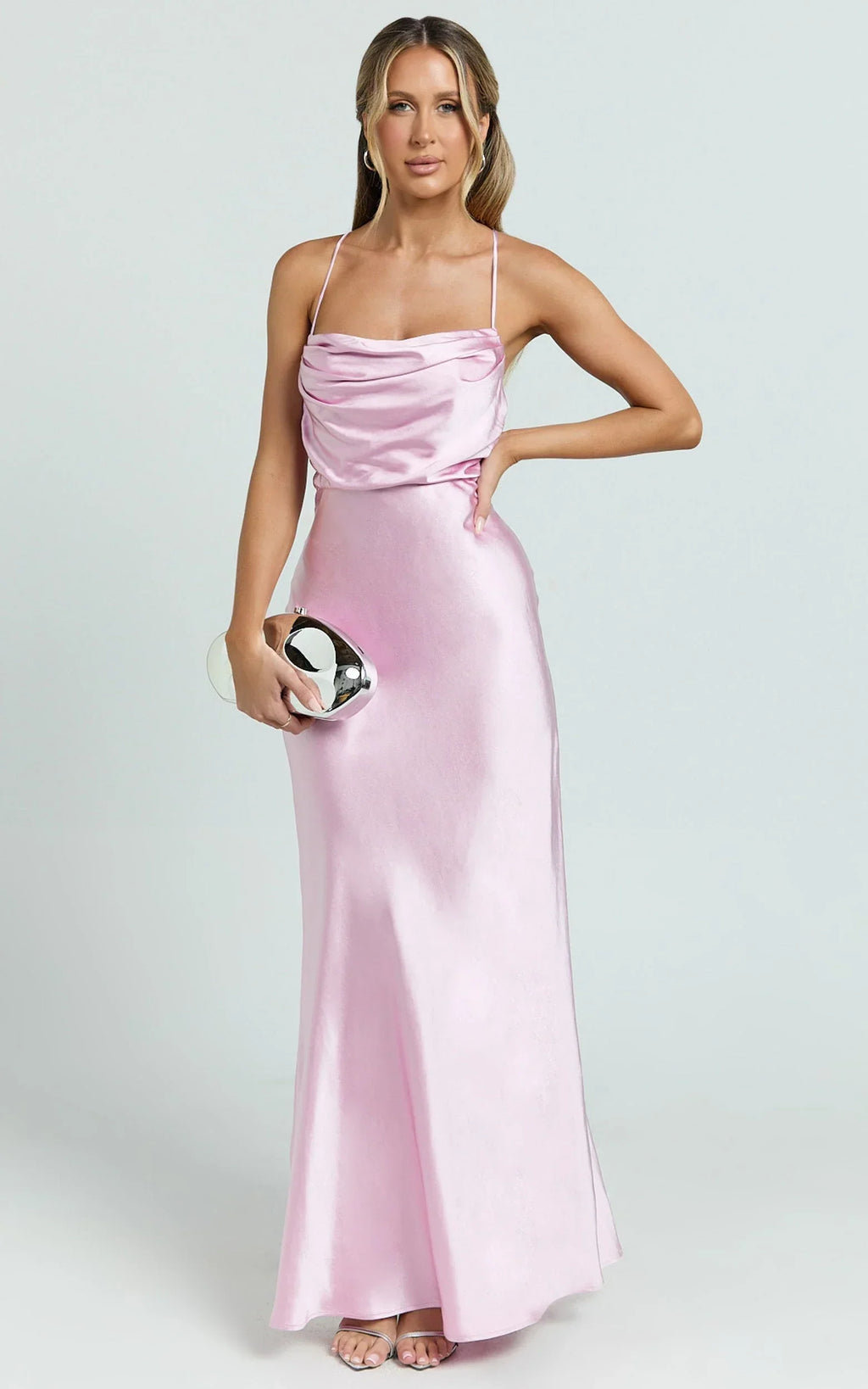 Hanna Maxi Dress - Satin Cowl Neck Low Back Dress in Pink
