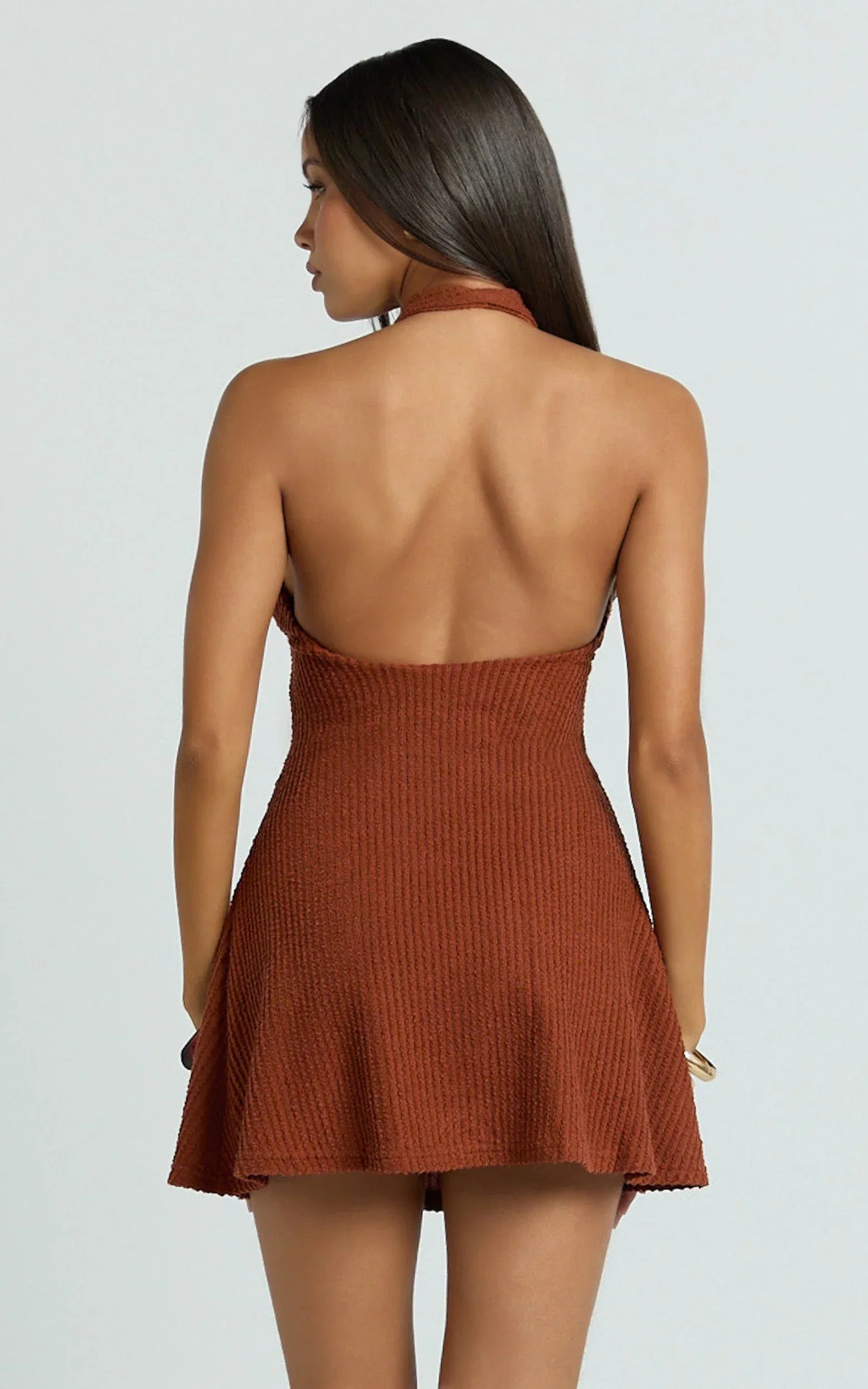 Roza Mini Dress - Halter Neck Brooch Detail A Line Dress in Brown