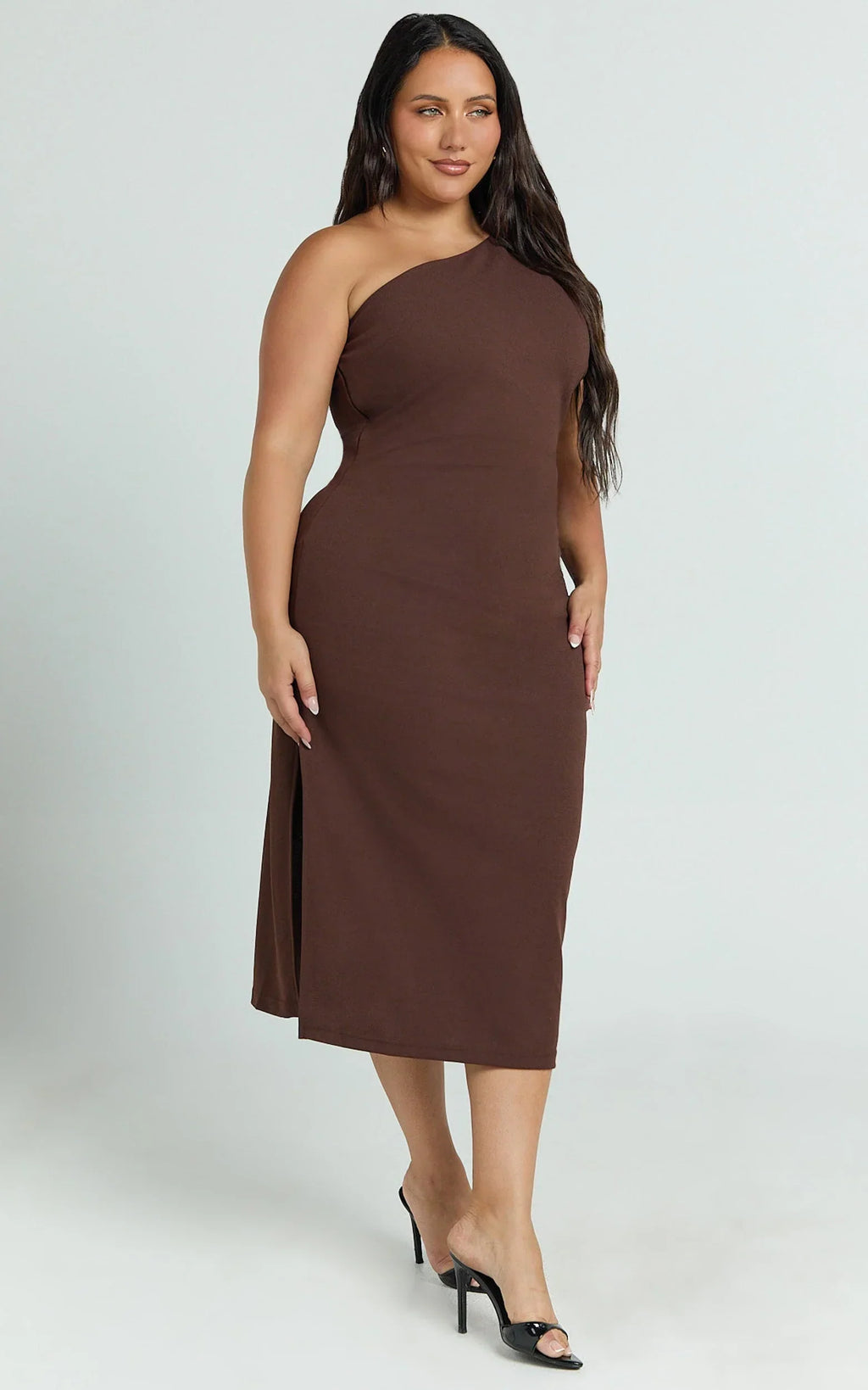 Monette Midi Dress - One Shoulder Straight Dress in Chocolate