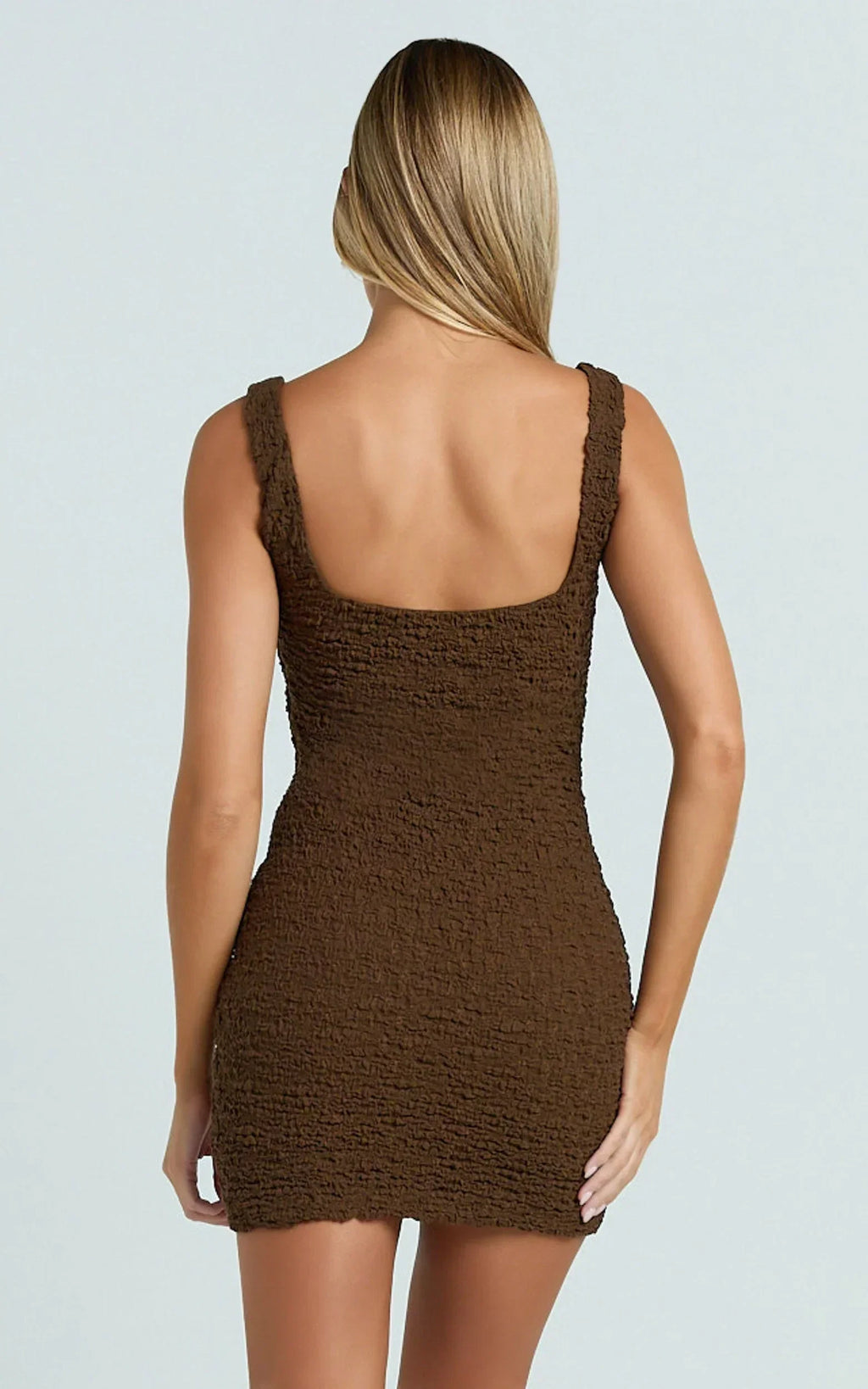 Portia Mini Dress - V Neck Textured Jersey Bodycon Mini Dress in Chocolate