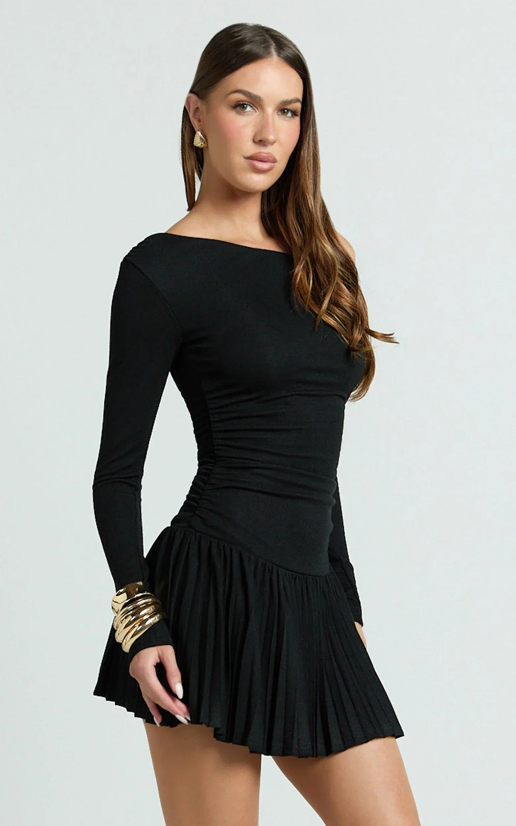 Presley Mini Dress - One Shoulder Ruched Side Pleated Fit And Flare Dress in Black