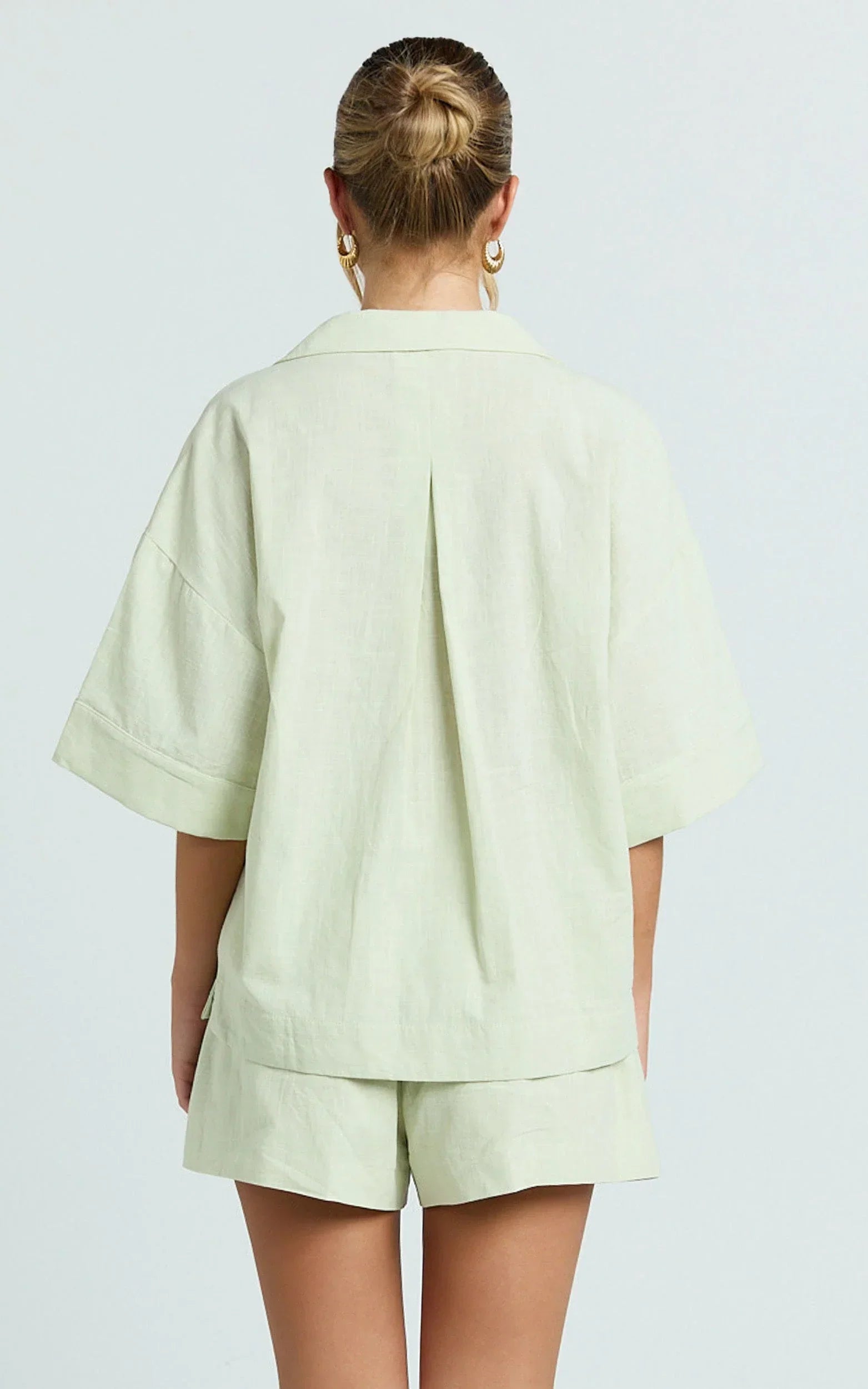 Saina Two Piece Set - Button Through Shirt and Drawstring Shorts Set in Sage