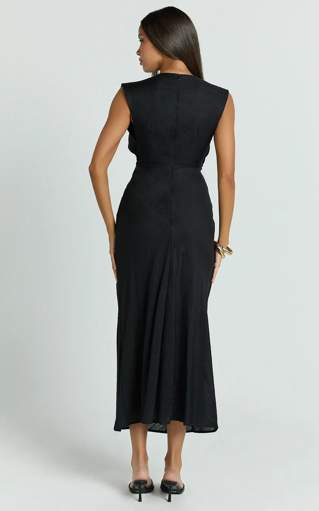 Beatrice Midi Dress - Plunge Neck Tie Cut Out Front Dress in Black