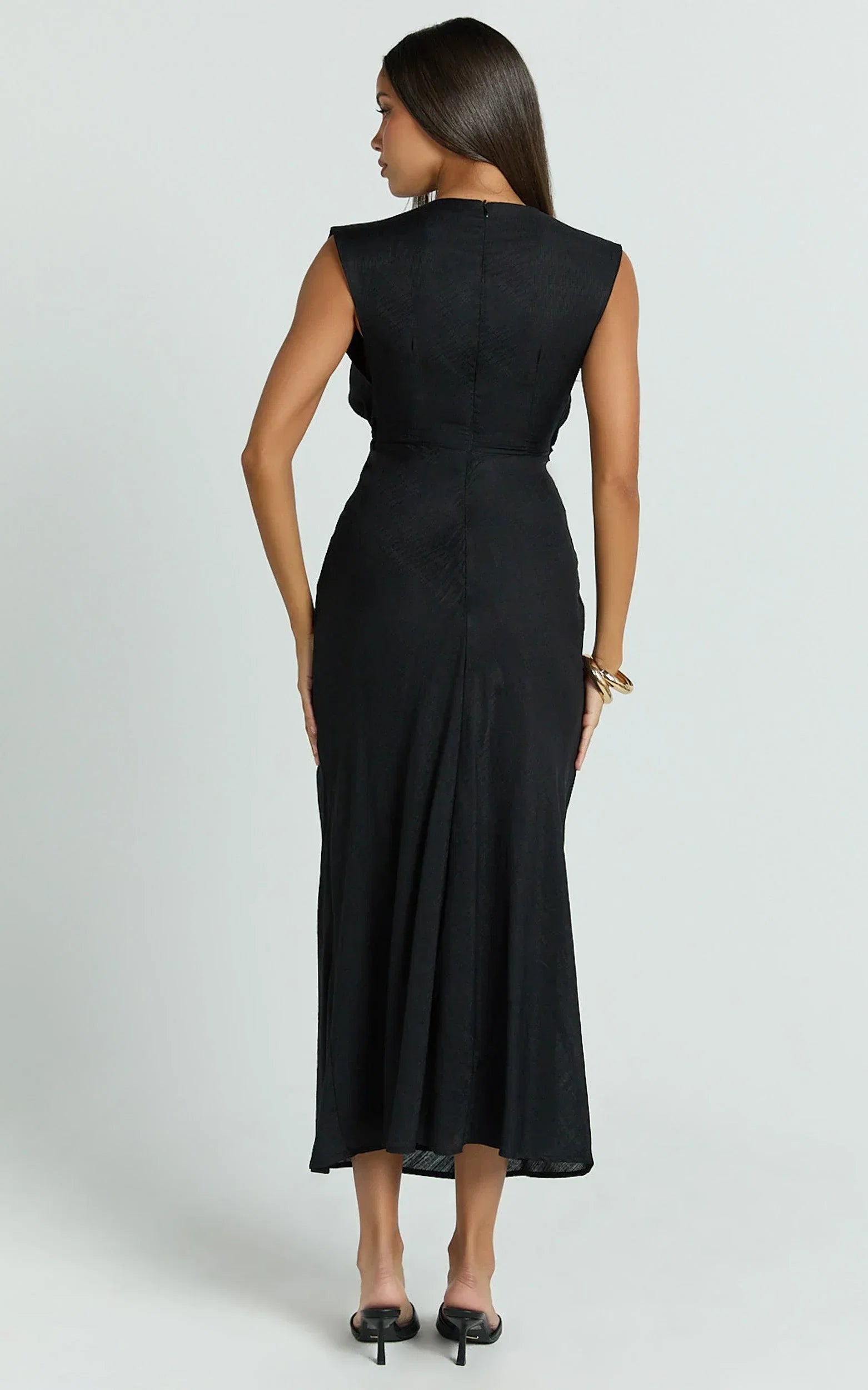Beatrice Midi Dress - Plunge Neck Tie Cut Out Front Dress in Black
