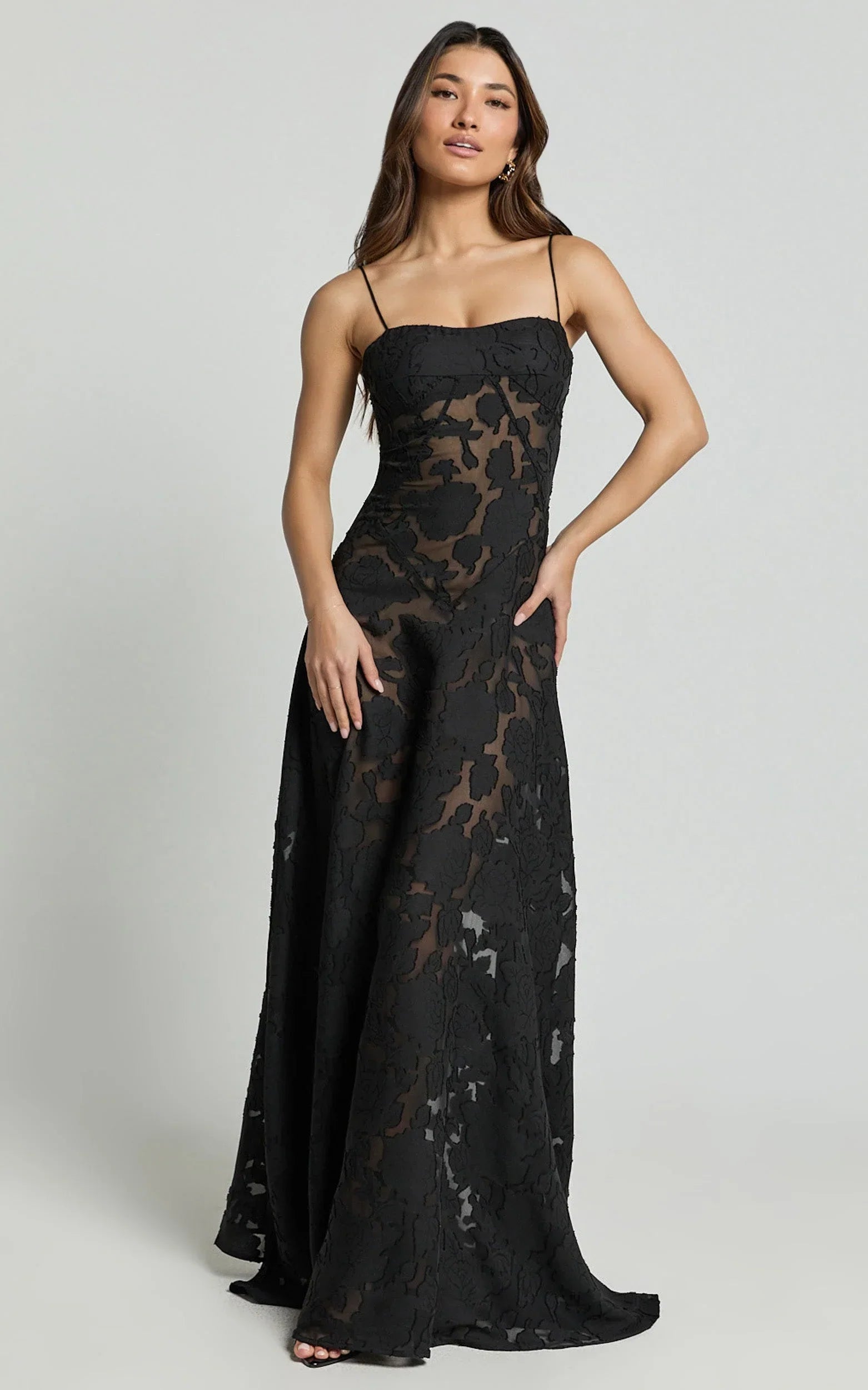 Lily Maxi Dress - Sheer Jacquard Maxi Dress in Black