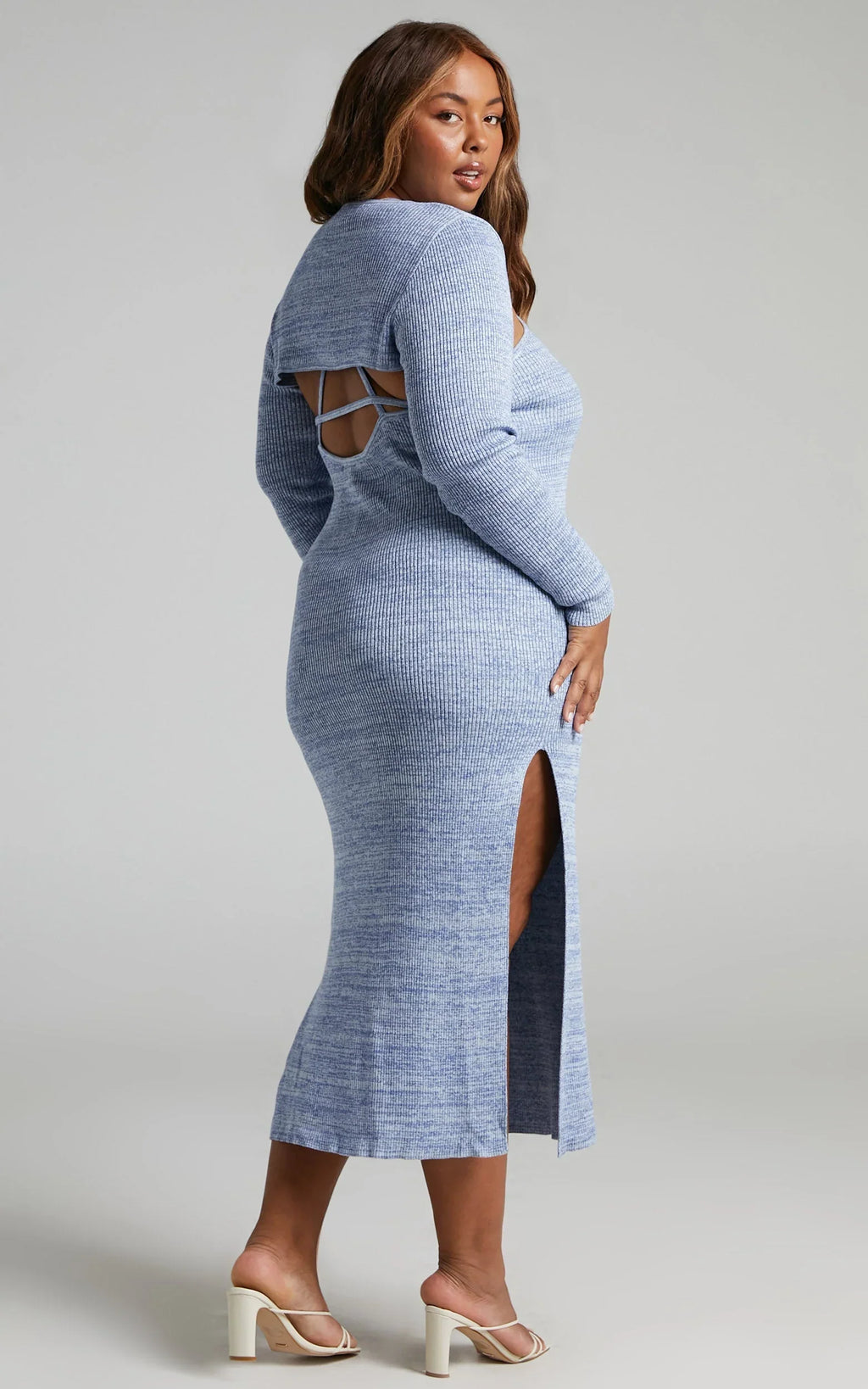 Merithel Top - Ribbed Knit Long Sleeve Shrug Top in Space Dye Blue