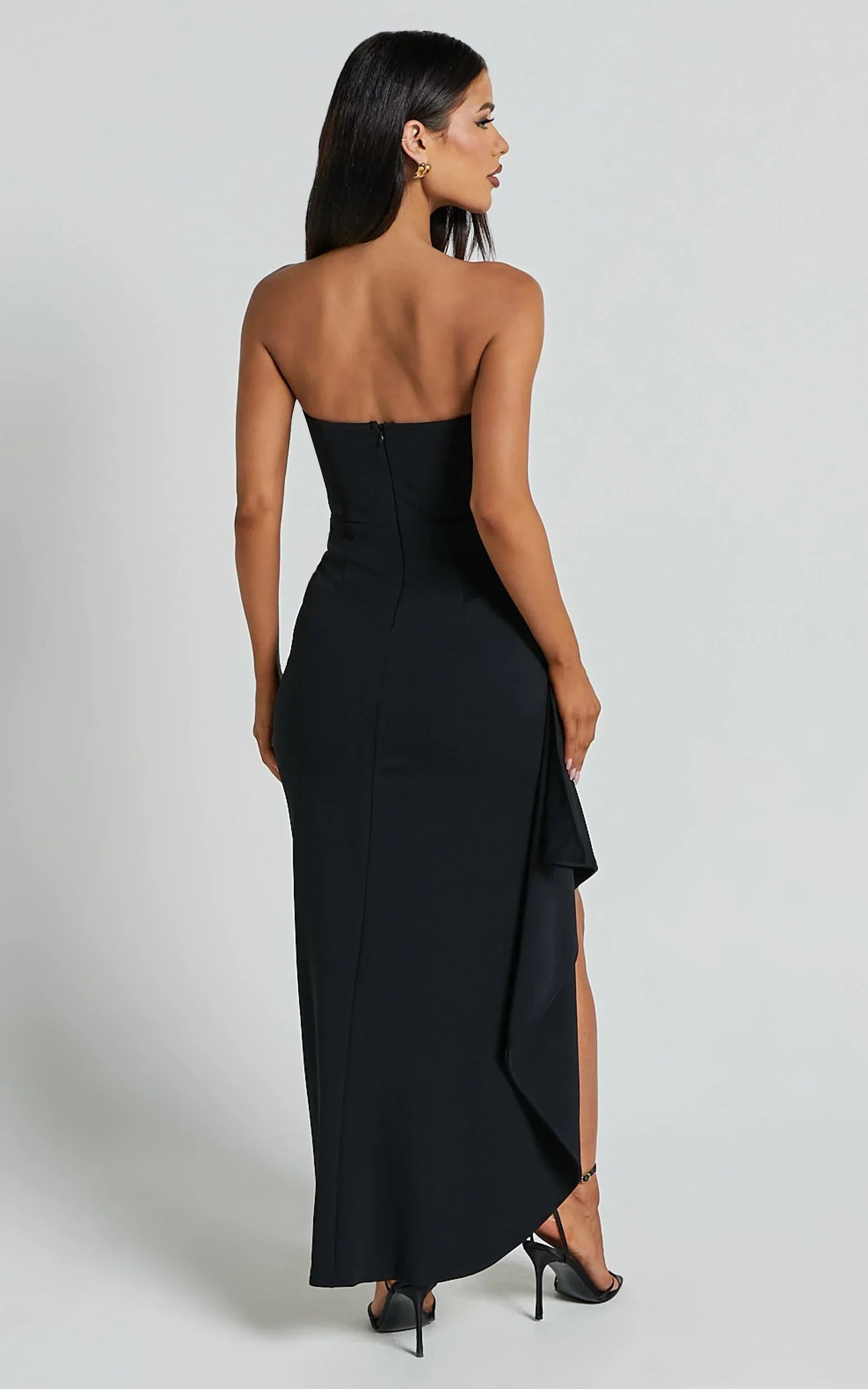 Andrea Midi Dress - Strapless Ruffle Dress in Black