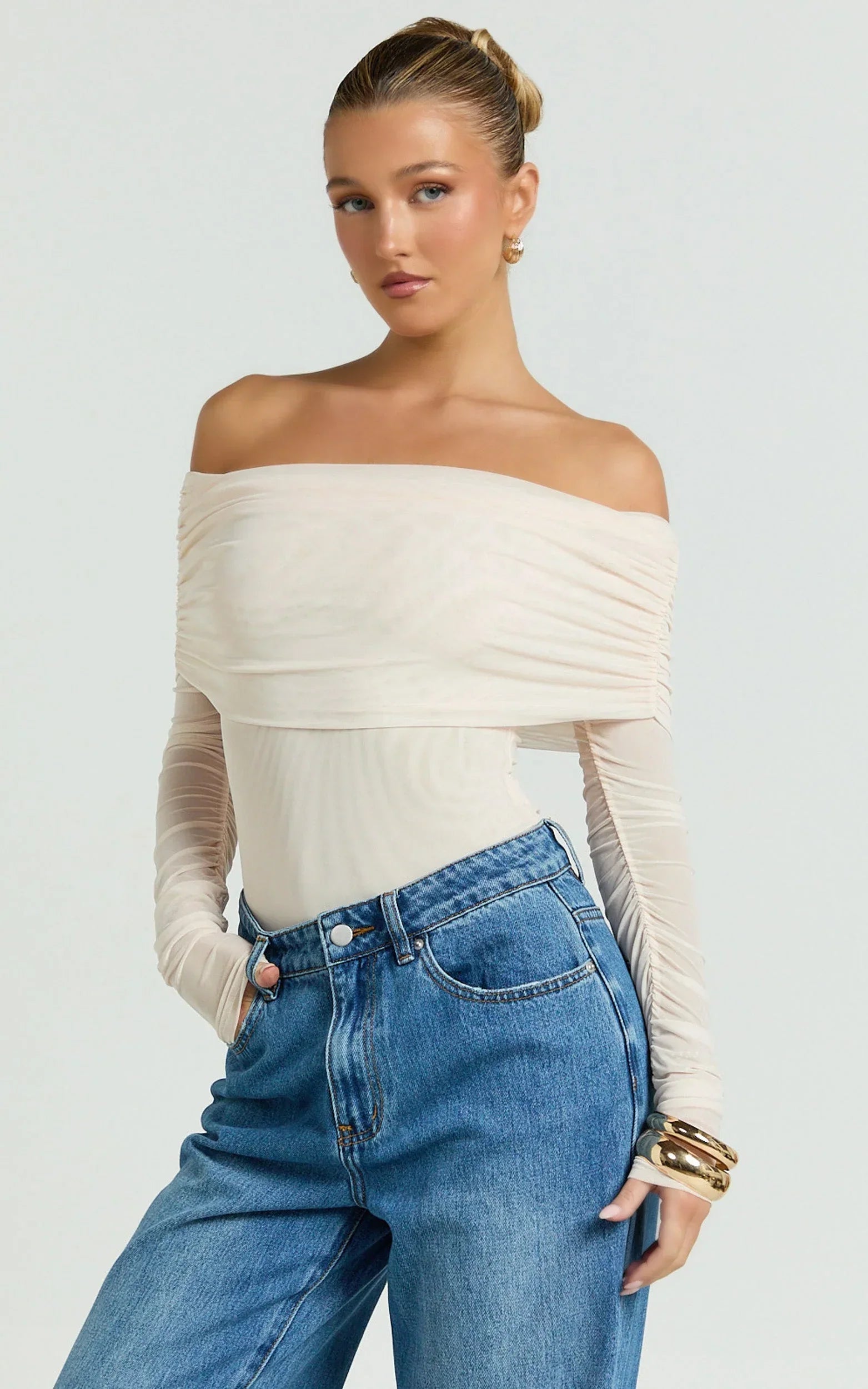 Jaythen Bodysuit - Long Sleeve Off Shoulder Ruched Mesh Bodysuit in Cream
