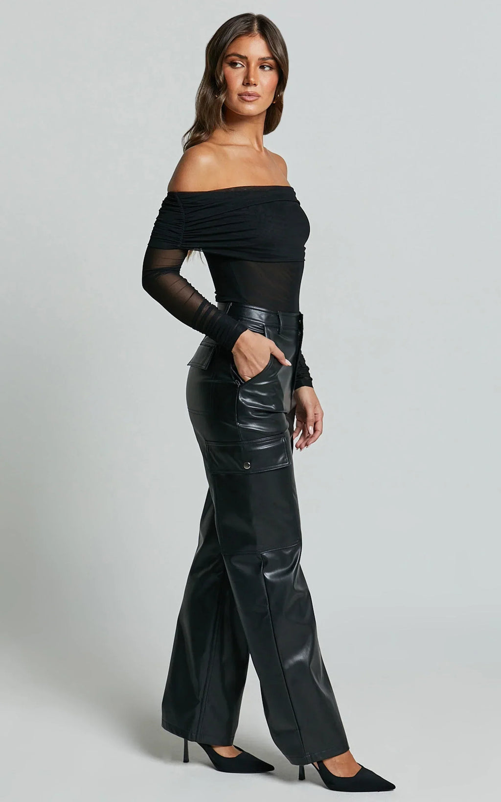 Elviera Pants - High Waisted Faux Leather Cargo Pants in Black