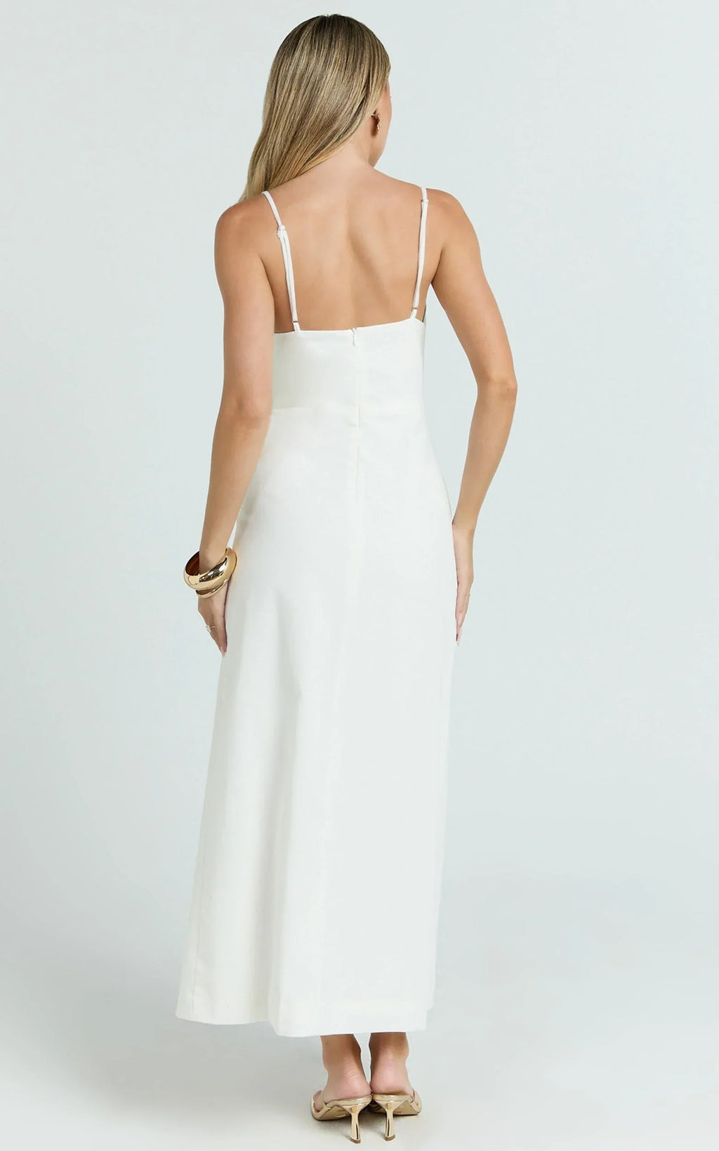 Estelle Midi Dress - Beaded Scallop Neck Split Leg Dress in Off White