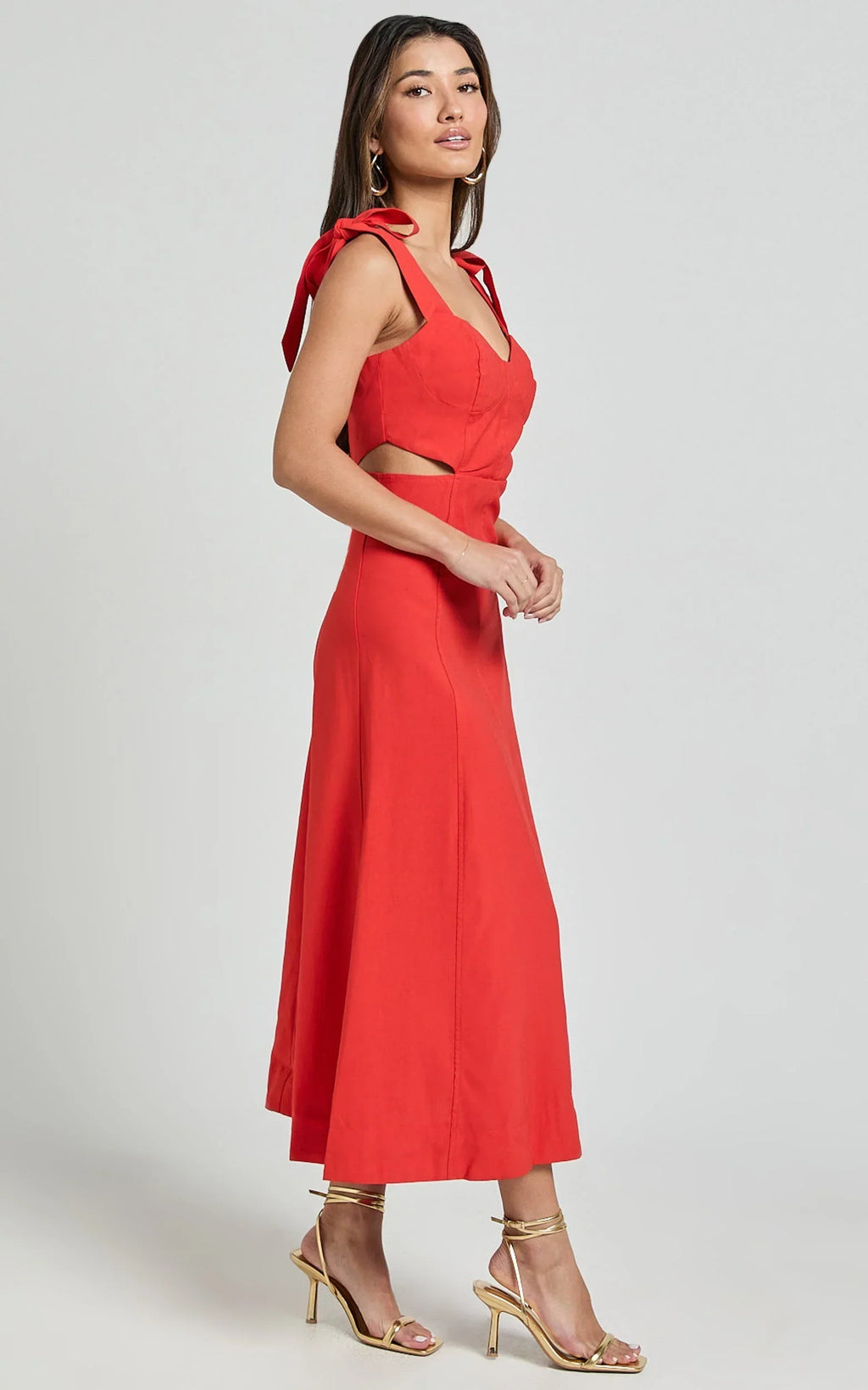Giana Midi Dress - Shoulder Tie Cut Out Thigh Split Dress in Red