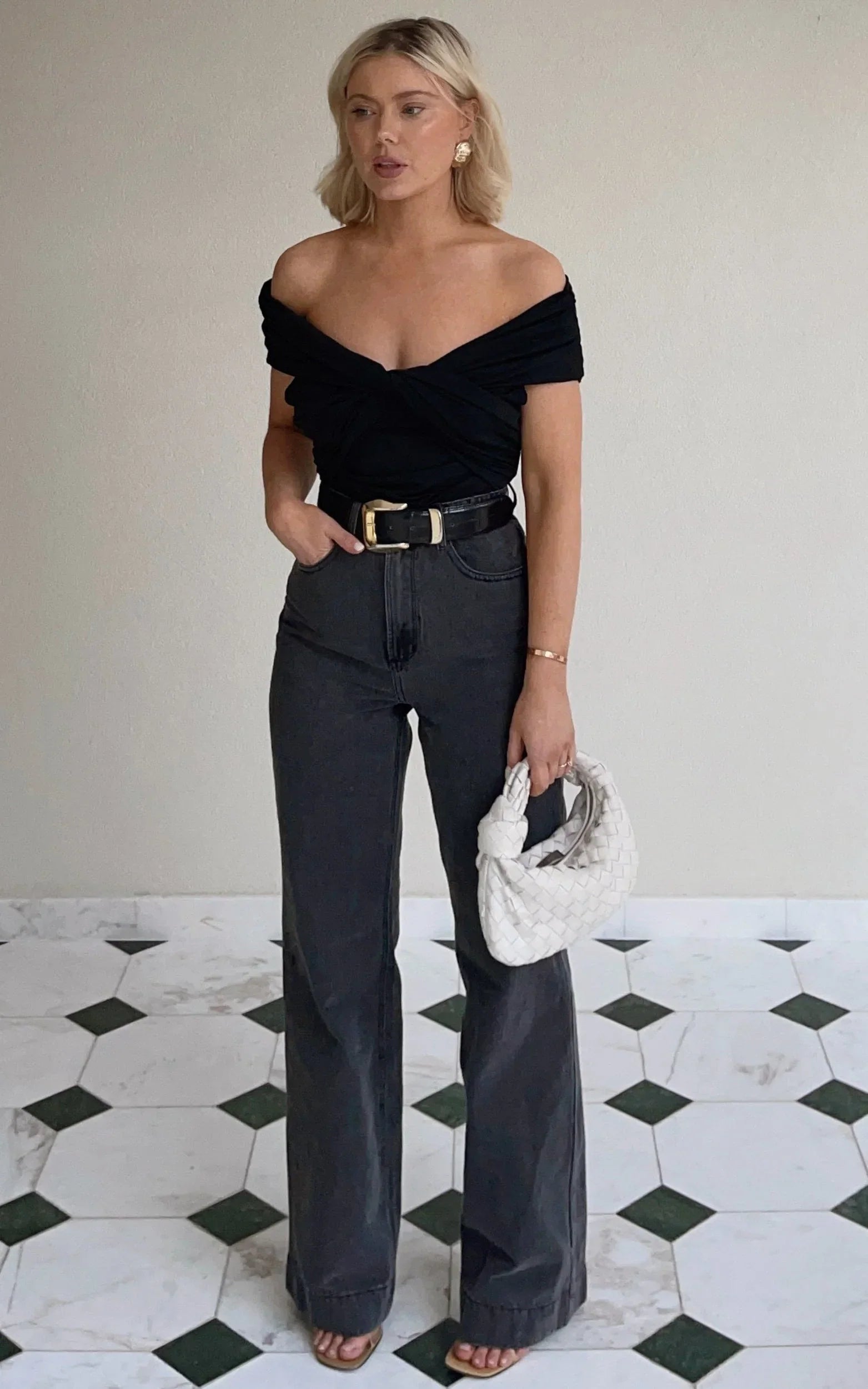Emman Jeans - High Waisted Cotton Wide Leg Denim Jeans in Washed Black