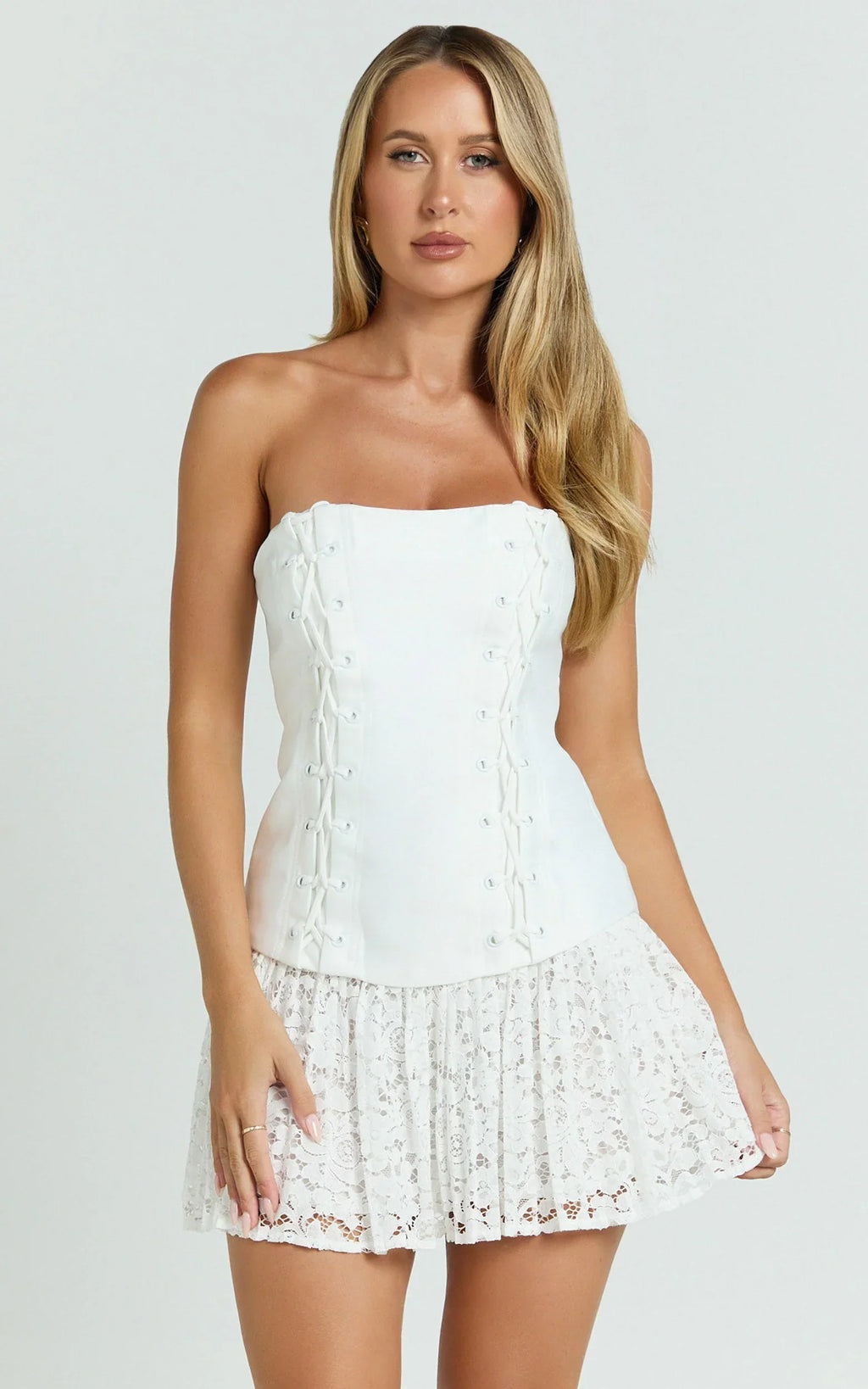 Emerie Mini Dress - Strapless Drop Waist Pleated Dress in Cream