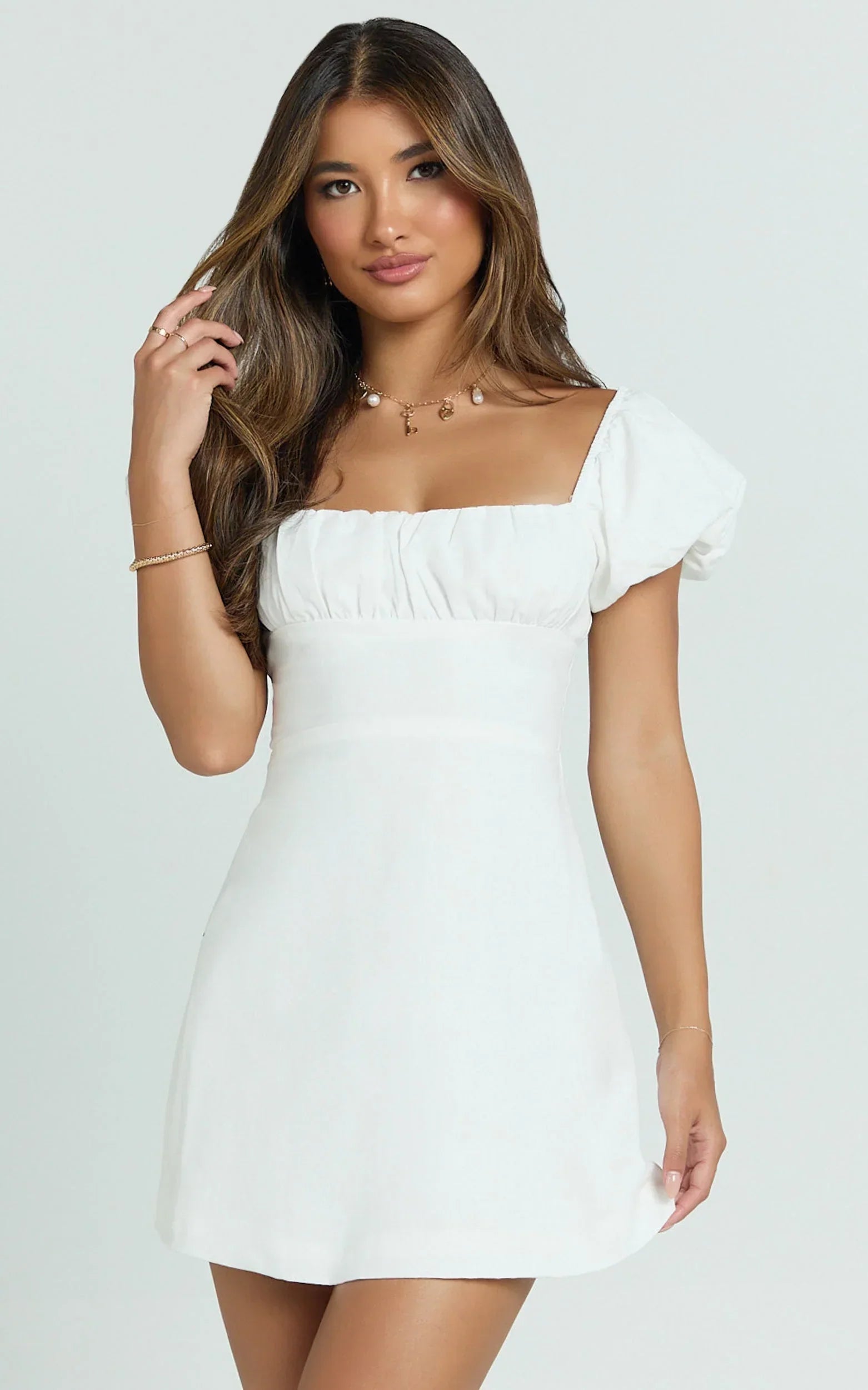 Ginny Mini Dress - Square Neck Ruched Bodice Puff Sleeve Straight Dress in White