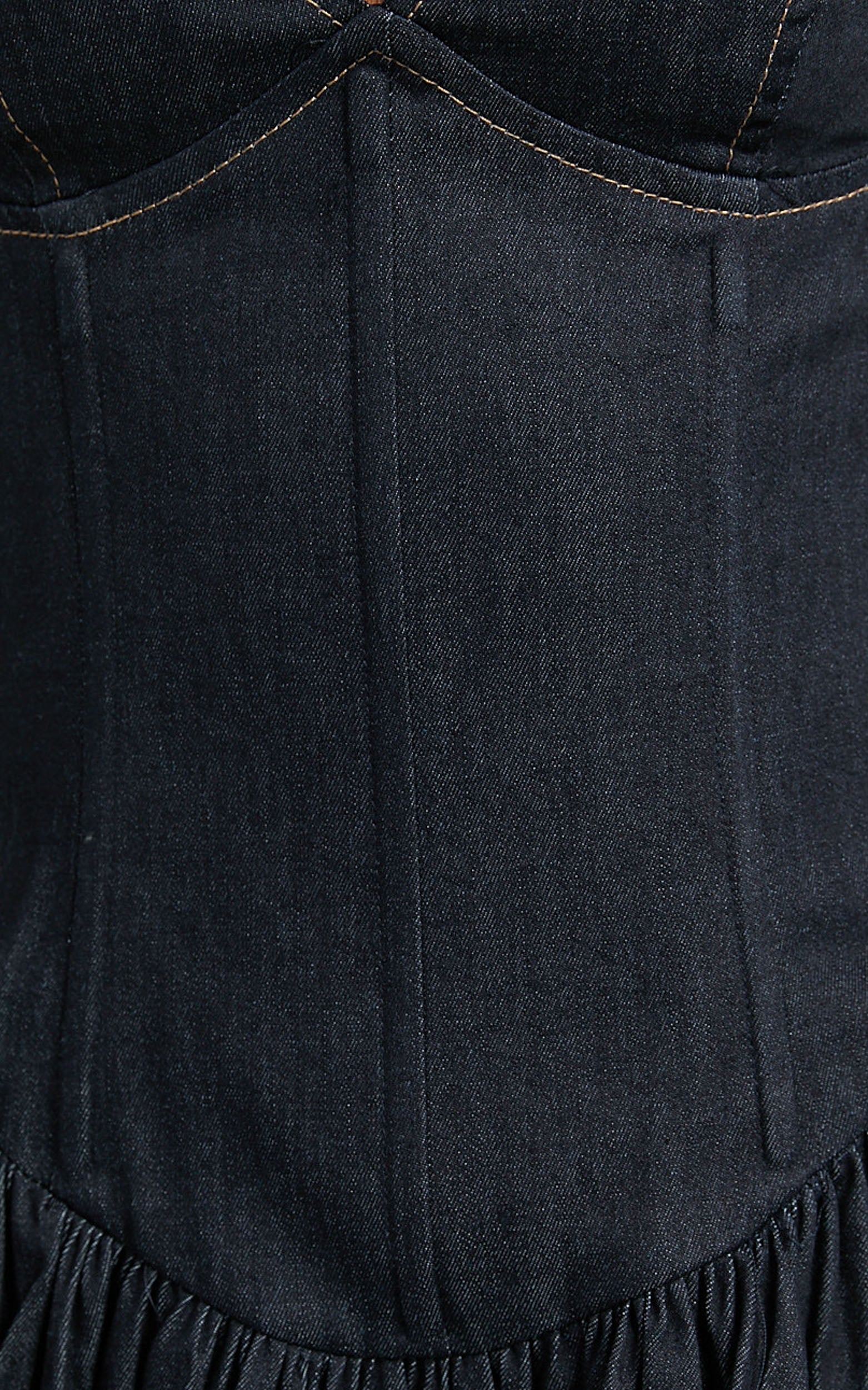 Betchie Mini Dress - Neck Strappy Drop Waist Gathered Skirt Denim Dress in Dark Raw Denim