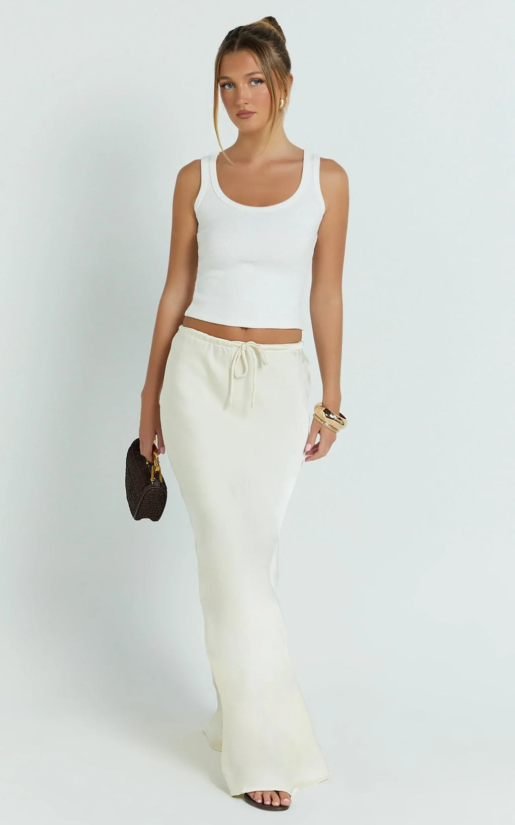 Jenna Maxi Skirt - Mid Waisted Satin Maxi Skirt in Oyster