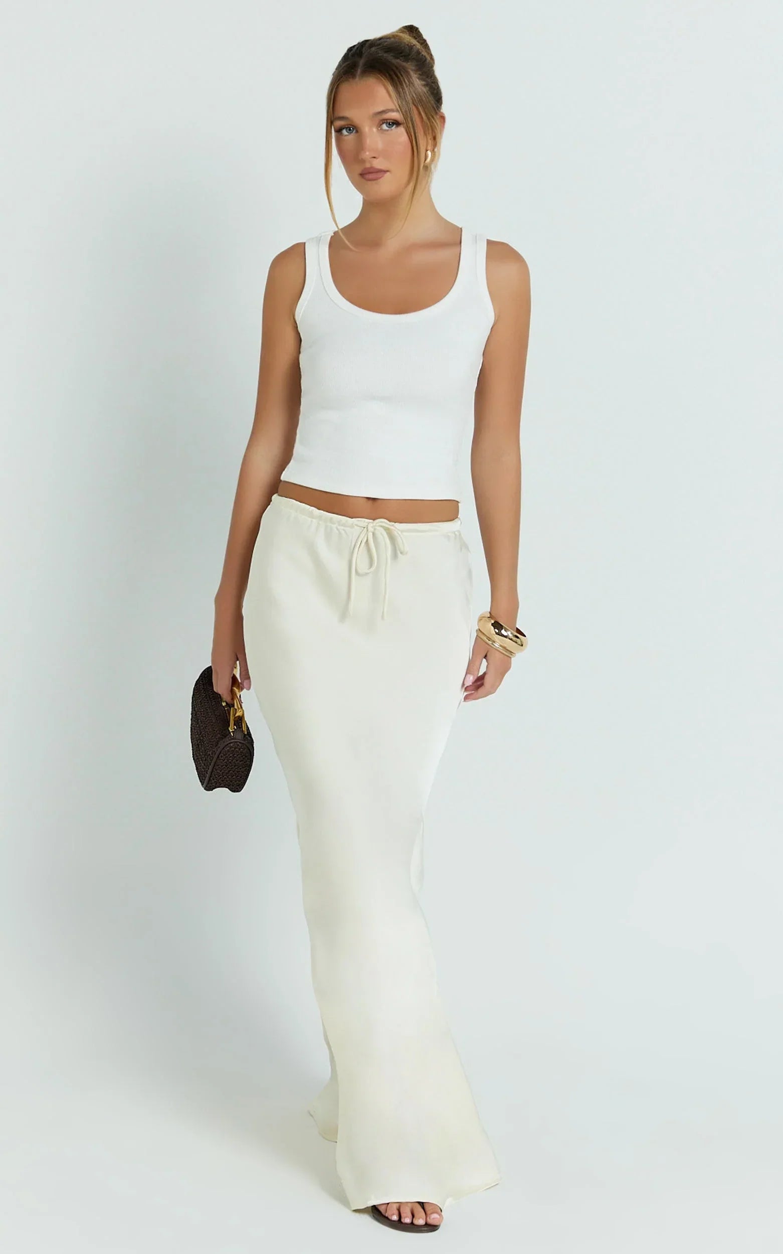 Jenna Maxi Skirt - Mid Waisted Satin Maxi Skirt in Oyster