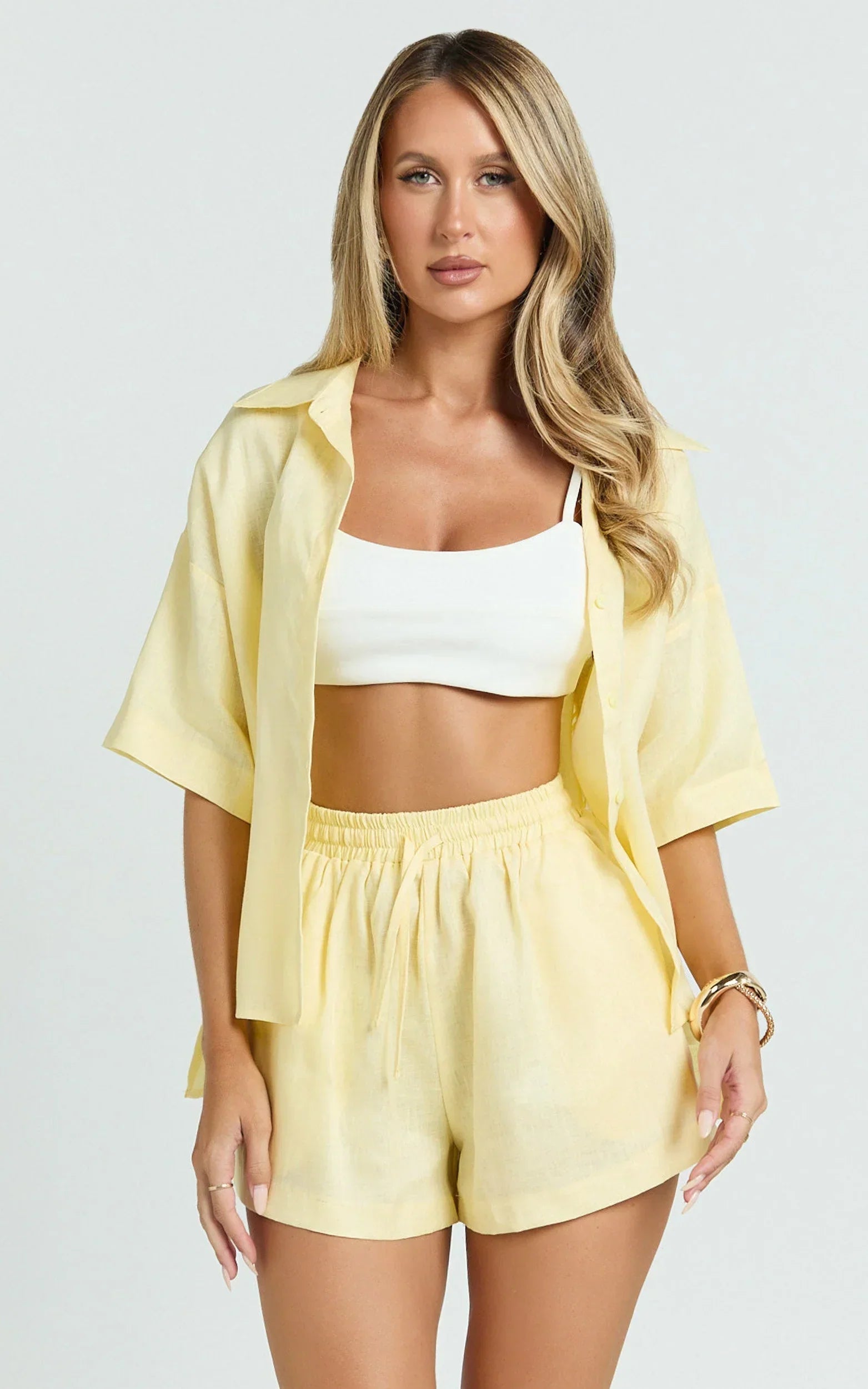 Ramona Linen Shorts - Drawstring Linen Shorts in Lemon