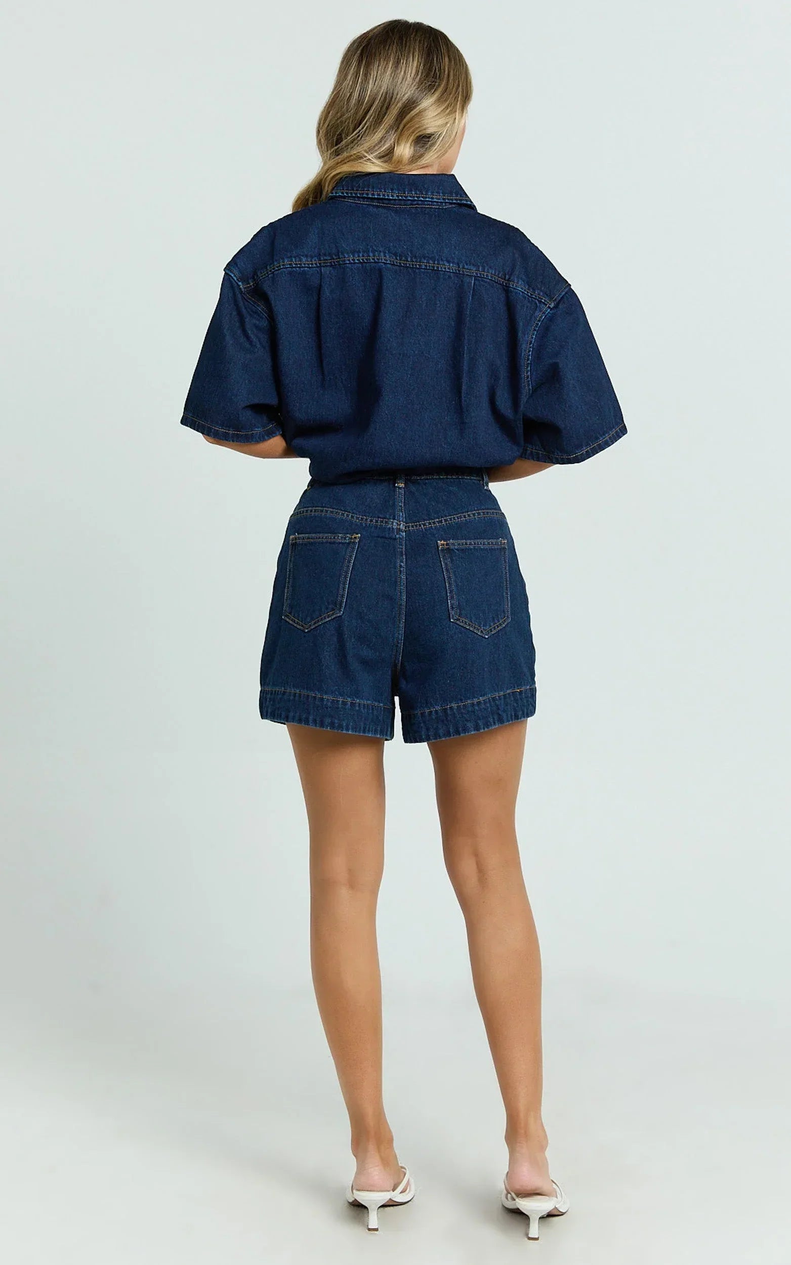 Rhianna Shorts - Mid Waist Recycled Denim Shorts in Indigo Wash