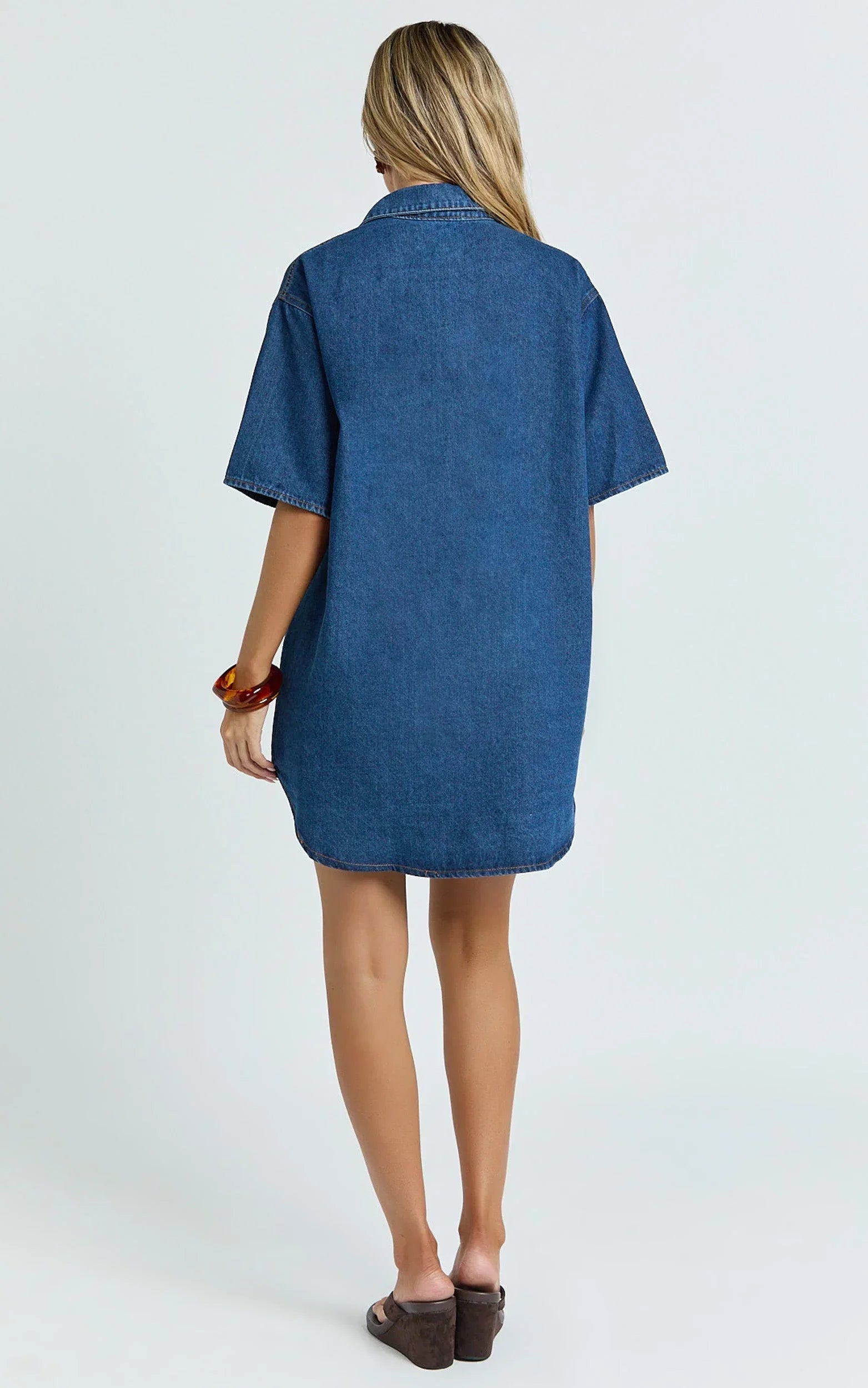 Richelle Mini Dress - Short Sleeve Denim Shirt Dress in Mid Blue