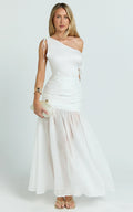 Mackenzie Maxi Dress - Tipped Shoulder Drop Waist Full Gathered Skirt Dress in White