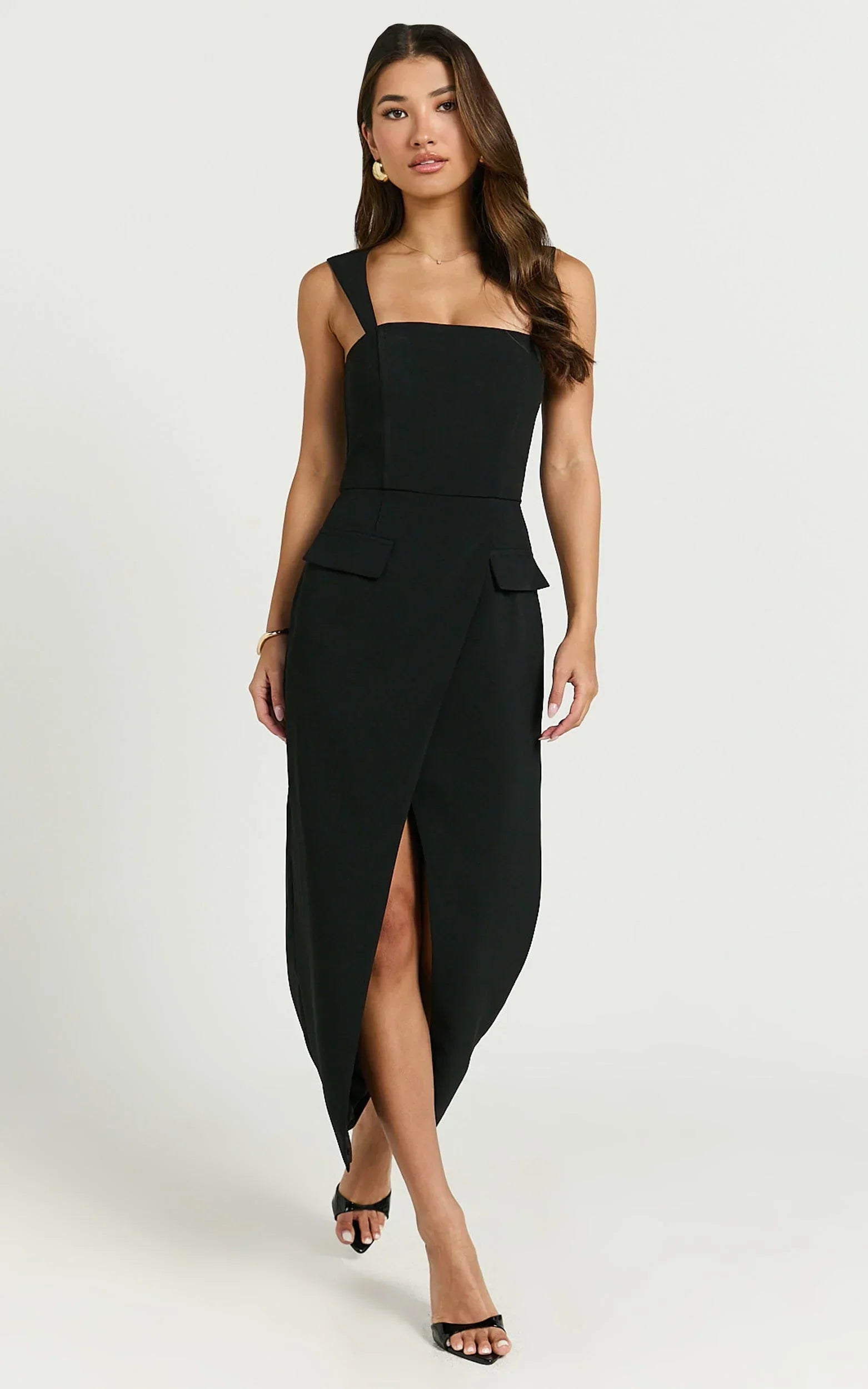Garcia Midi Dress - Square Neck Wide Straps Fitted Wrap Skirt Dress in Black
