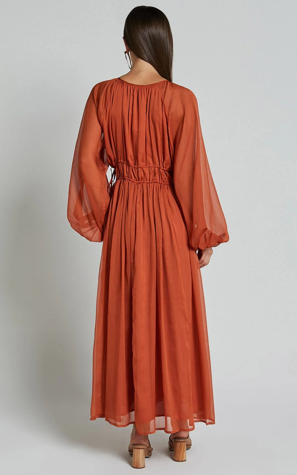 Roxanna Maxi Dress - Long Sleeve Ruched Waist Dress in Rust
