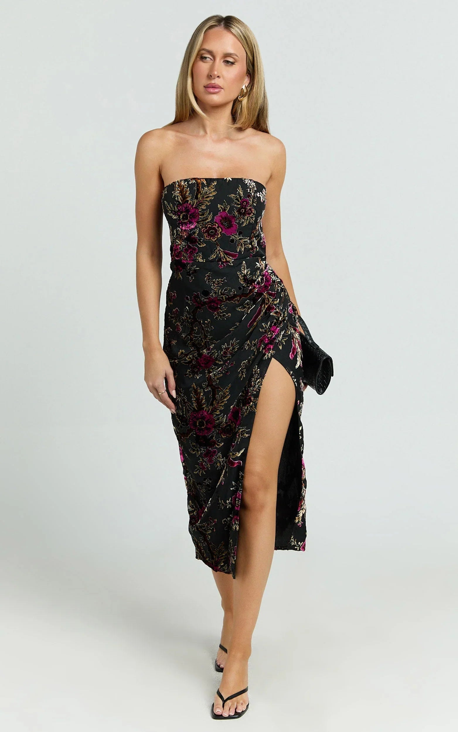 Jessell Midi Dress - High Split Strapless Dress in Black Floral