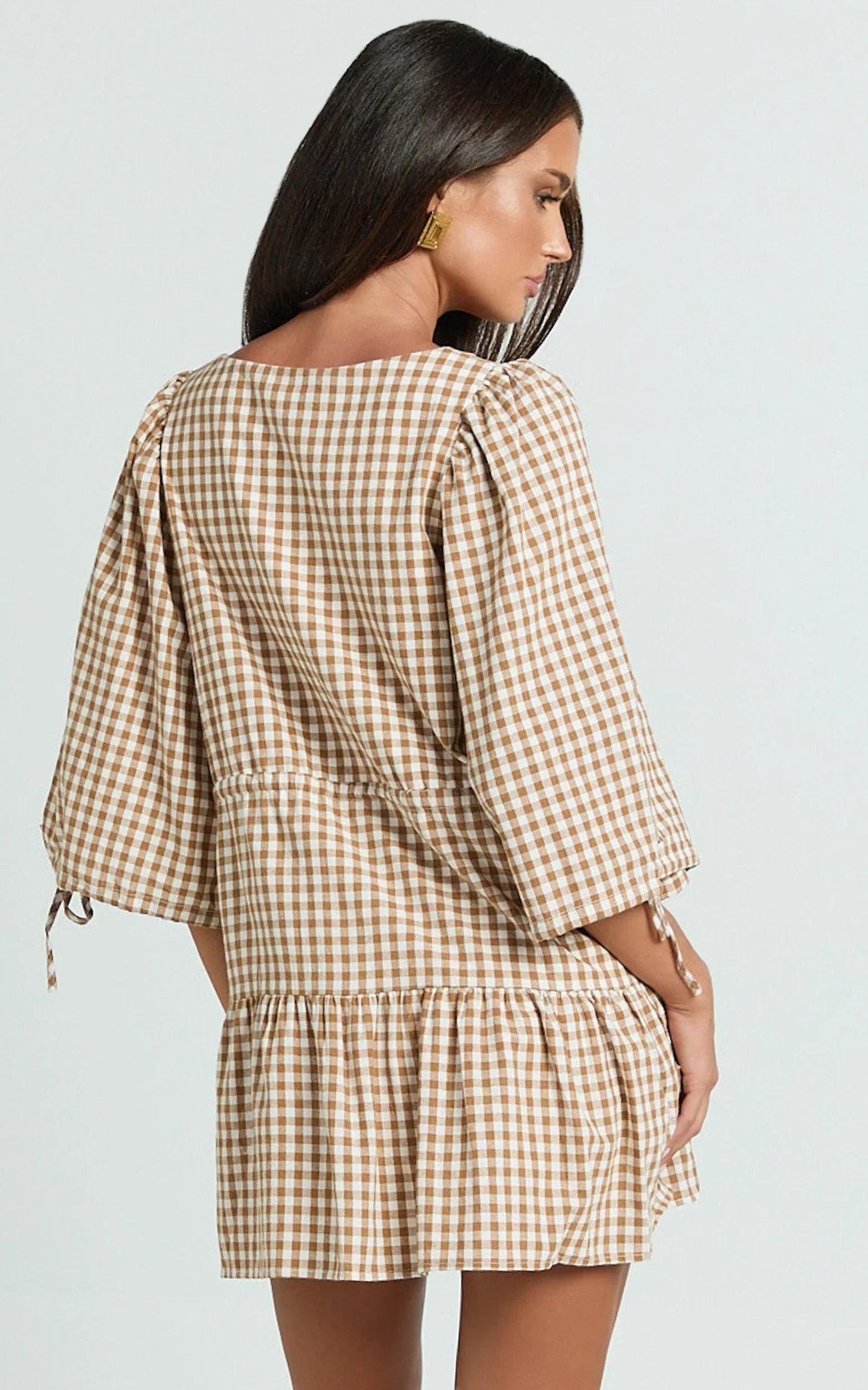 Nour Mini Dress - High Neck Tie Front Drop Waist Gathered Skirt Dress in Caramel/White Gingham