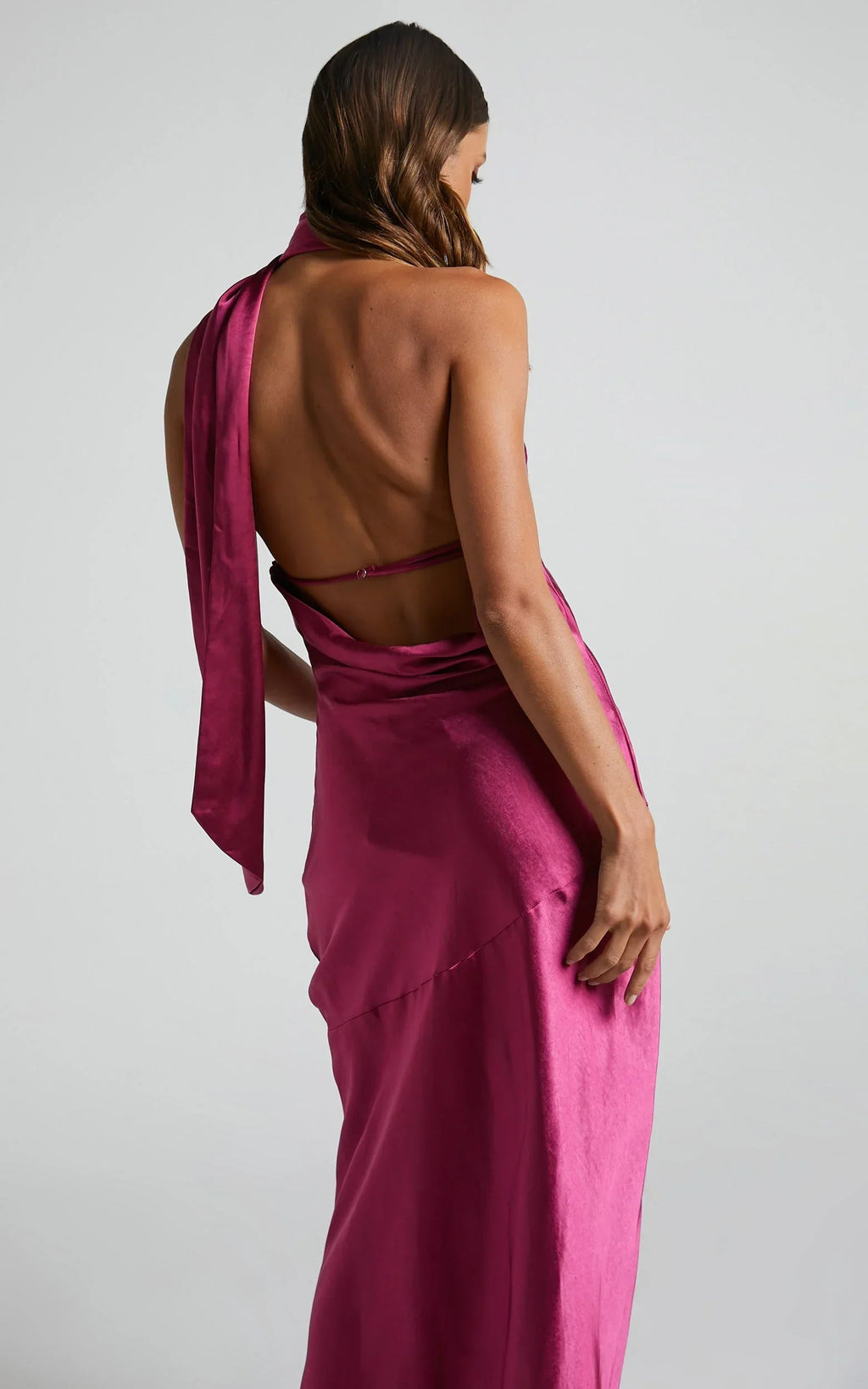 Evana Midi Dress - High Asymmetrical Neck Satin Slip Dress in FUSCHIA