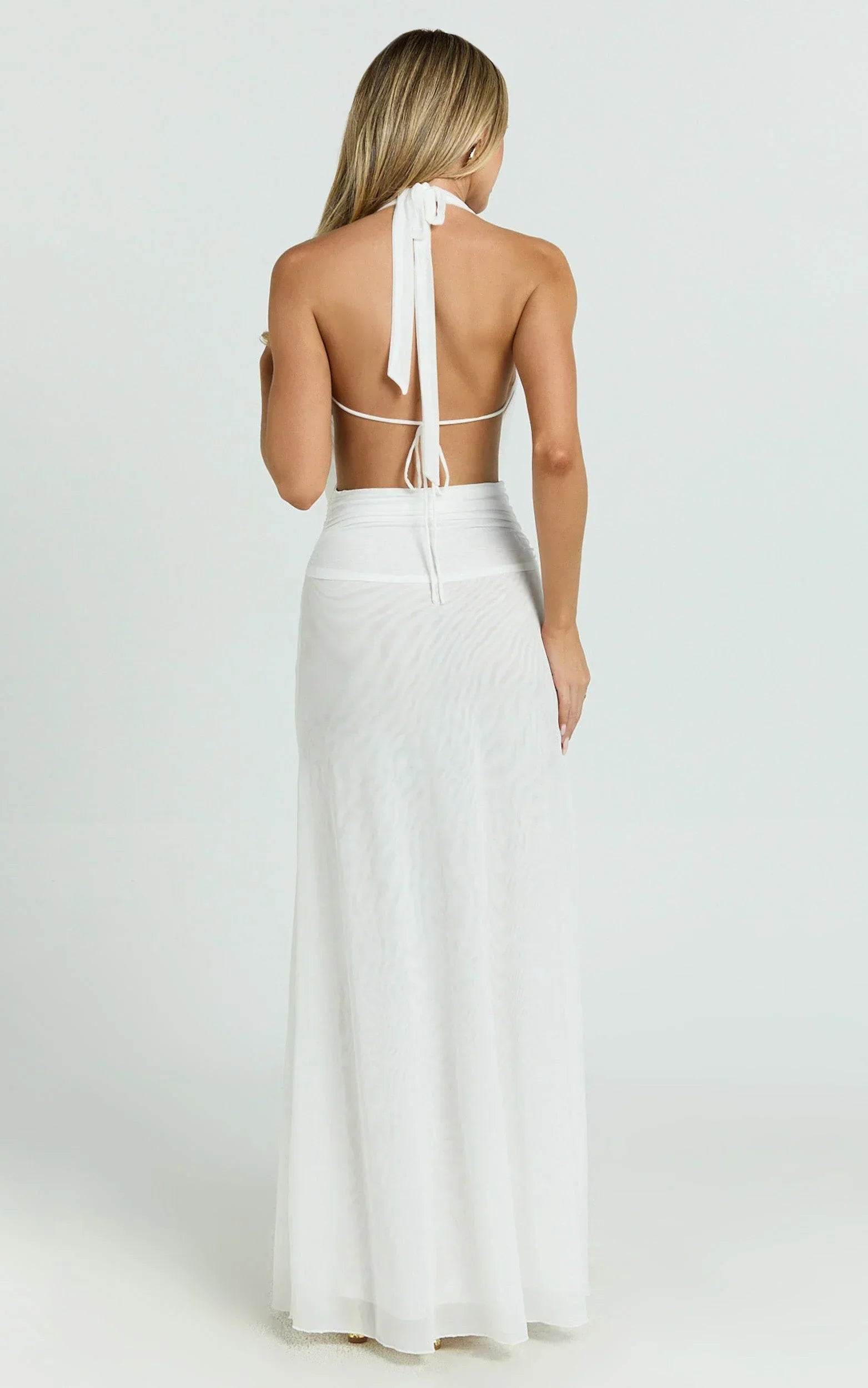 Bettina Maxi Dress - Low Cowl Neck Halter Bodycon Dress in Off White