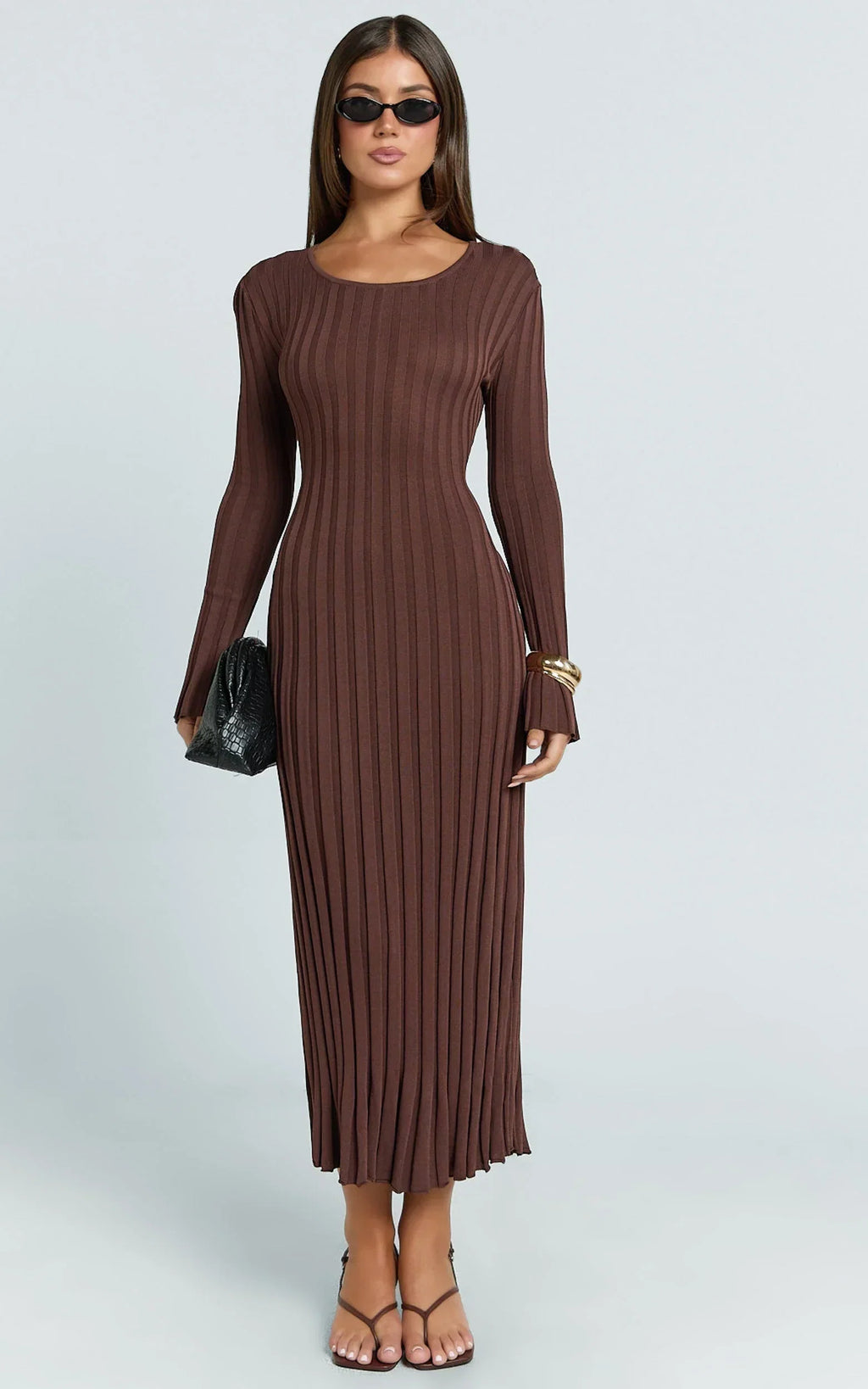 Blaire Midi Dress - Long Sleeve Tie Back Flare Dress in Dark Chocolate