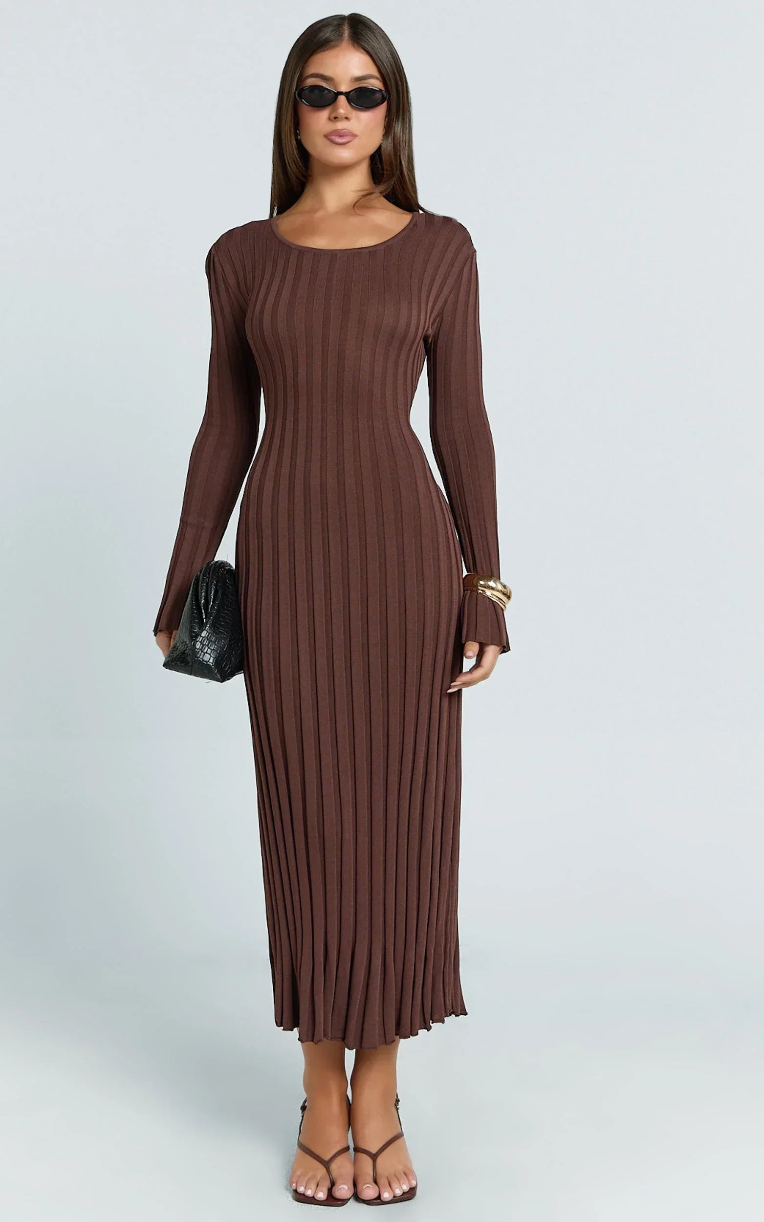 Blaire Midi Dress - Long Sleeve Tie Back Flare Dress in Dark Chocolate